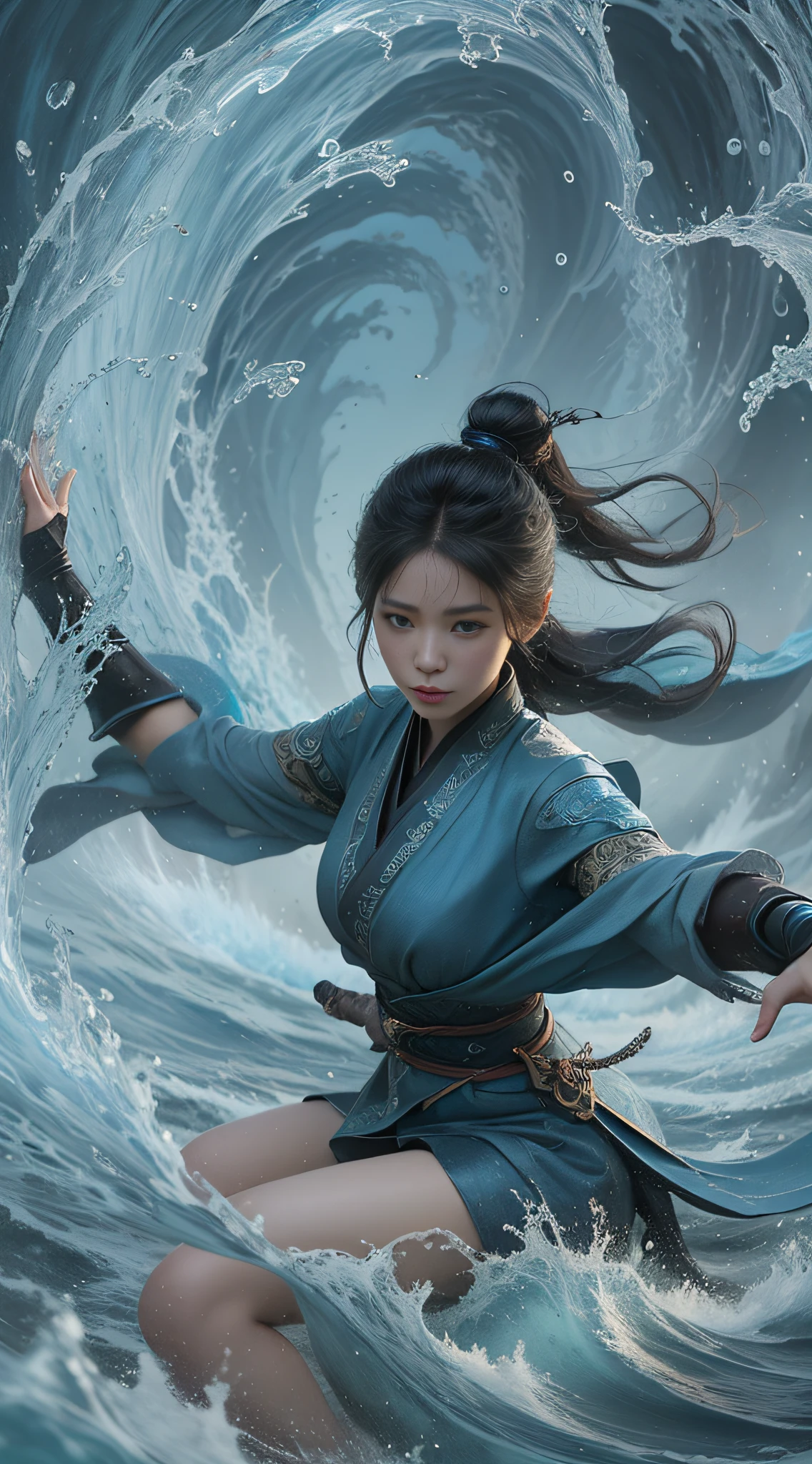 Woman in blue dress in the middle of waves, beautiful digital artwork, fantasy art style, asian female water element, Yang J, epic fantasy digital art style, beautiful character painting, digital fantasy art), epic fantasy art style, cheng weipan on artstation, close-up fantasy and water magic, artgerm and atey ghailan, 16k