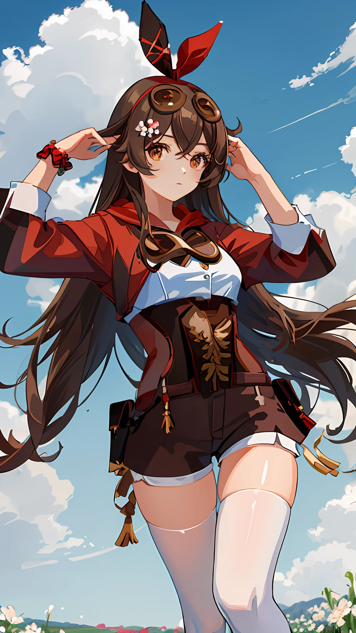 (masterpiece), (best quality), (ultra detailed),(disheveled hair),(illustration), (1girl), long brown hair, red headband, red sleaves, brown shorts, white shirt, white socks, outside in a flower field, blue sky white clouds