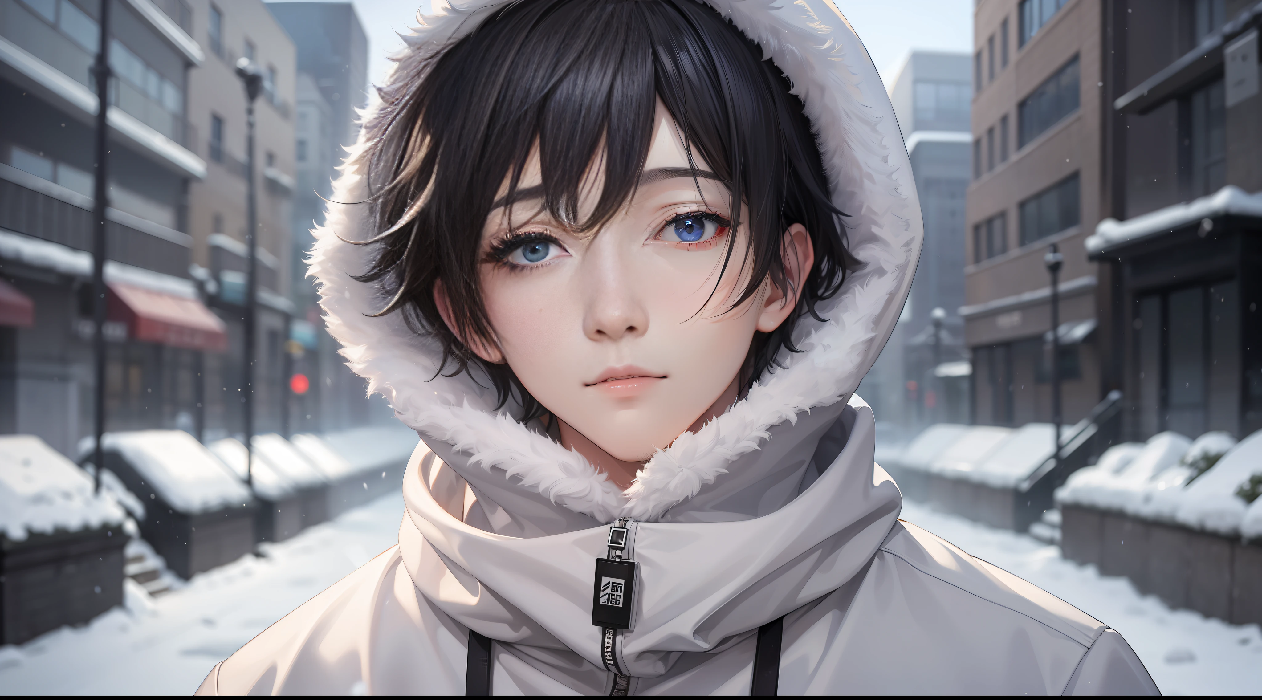 A man in a sweatshirt, standing in the snow, with a straight face, close-up, inspired by Cai Xukun, Shin Jinying, Cheng Yanjun, Ruan Jian, Bian Luan, Jia Ruian