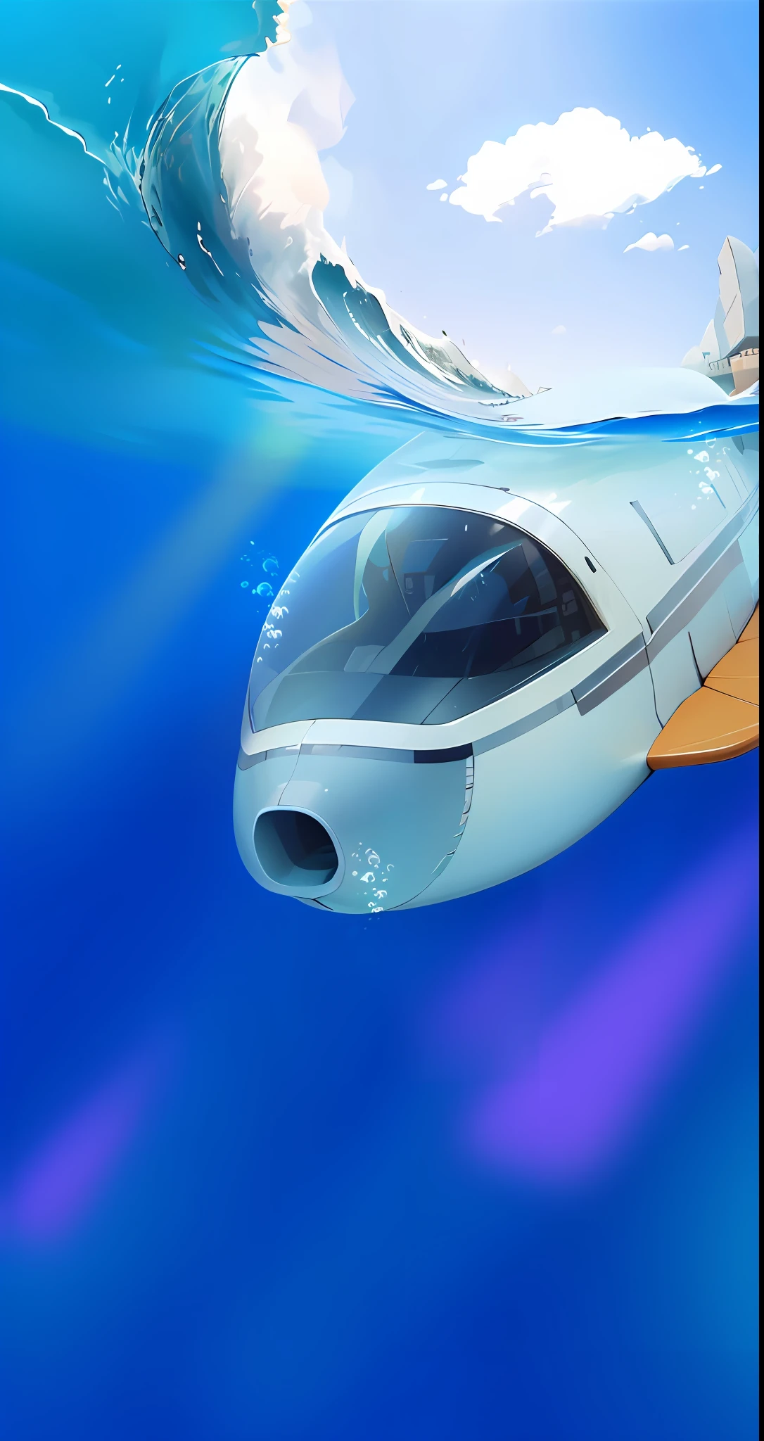The submarine is entering the sea, 3d CG, daytime, sunny, C4D, octane, high resolution, best quality, 8k