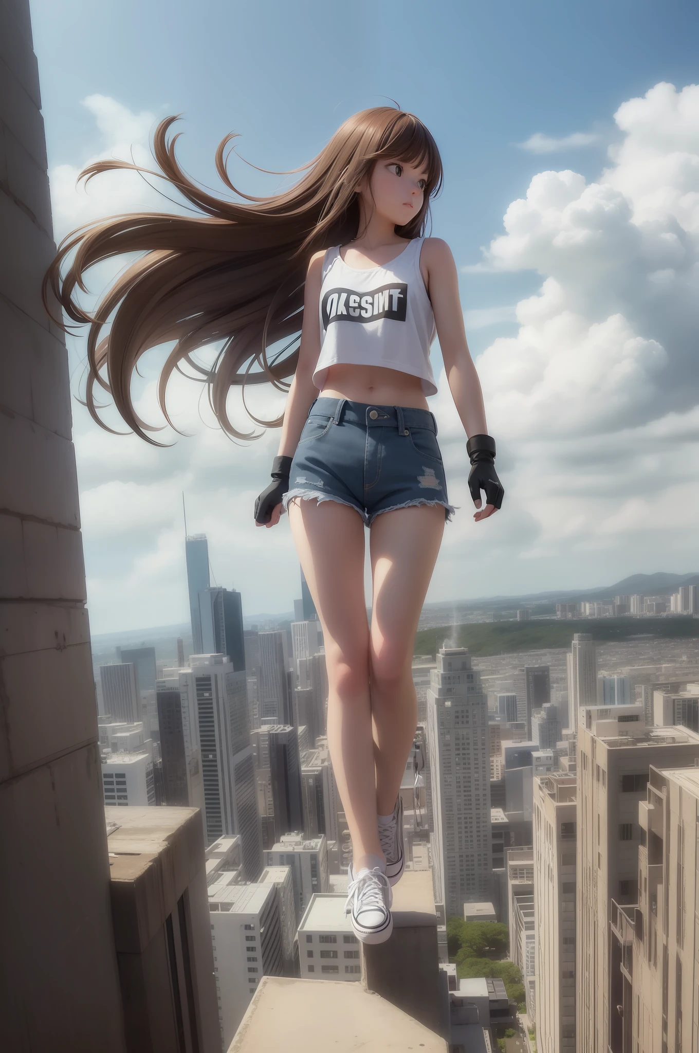 tall teenage girl wearing a sando and shorts, wearing chuck taylor shoes, sky with clouds as background, sky as the ground, gloves, waist-long hair, brown eyes, brown hair, short socks, determined, cool, flying, floating, pov from below, whole body, beautiful eyes