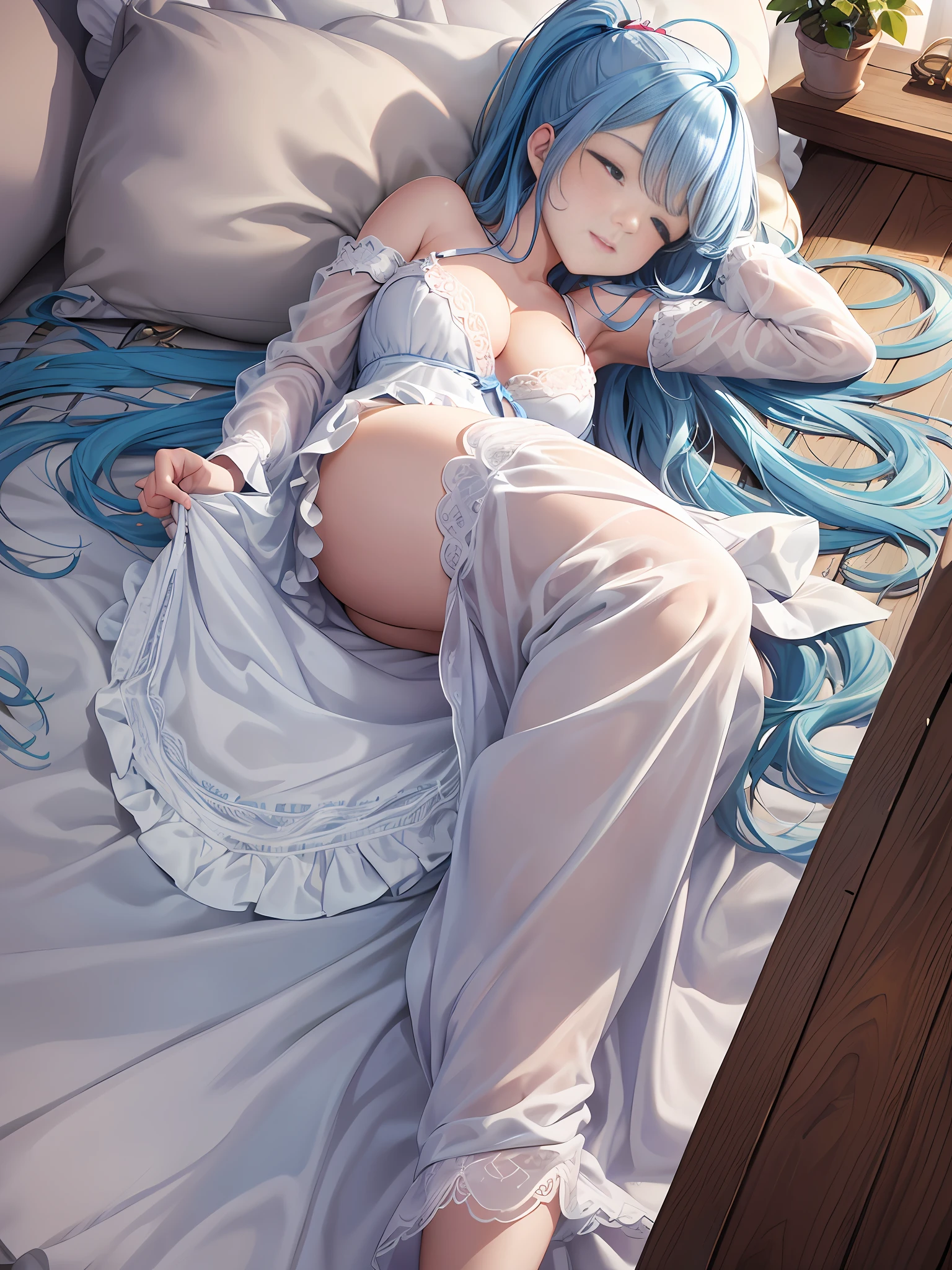 Masterpiece, Best Quality, Official Art, (Highly Detailed CG Unity 8k wallpaper), Detailed background, (Hands by Guido Daniele: 1.1), Feet out of frame, First Person View, 1, Beautiful woman who is attractive and perfect, Lying face down on the bed, Turning back, (Curvaceous), (((Sleepy: 1.14))), (??? sticking out, Pajamas, Sleepwear, ?????????, White thighs: 1.12), ( Blue Long Hair: 1.12), (Ahoge: 1.13), (High Ponytail: 1.12), (Green Eyes: 1.13), Look at the Beholder, Big, (cleavage), Beautiful Face, (Blush: 1.11), (Smile: 1.11)