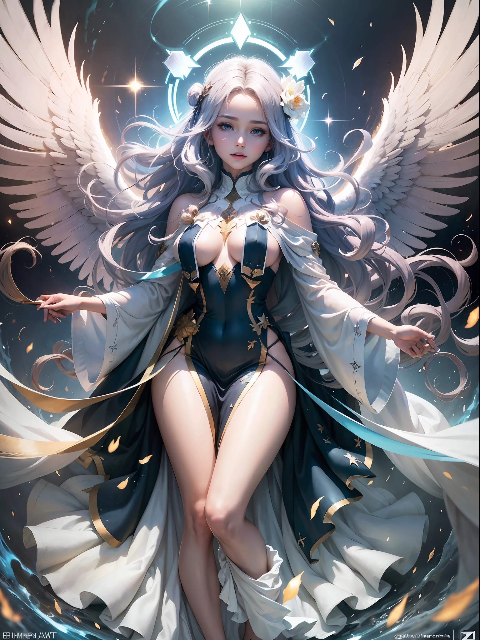 masterpiece, best quality, (extremely detailed CG unity 8k wallpaper), (best quality), (best illustration), (best shadow),full body, sexy pose, tall body, medium breast, detailed face and eyes, detailed skin, octane render,The image depicts a majestic angel floating serenely in the sky, her wings unfurled and beating slowly as she gazes down upon the world below. Her features are stunningly beautiful, with high cheekbones, full lips, and piercing blue eyes that sparkle with an inner light. Her hair is a shimmering cascade of golden locks that falls in loose waves down her back, framing her face in a halo of radiant light.
As she hovers in the air, a halo of pure, white light glows above her head, casting a warm, comforting glow across the entire scene. Auras of shimmering energy dance around her, casting a rainbow of colors across the sky and bathing the world below in a soft, otherworldly light.
Her flowing robes are a pure, pristine white, billowing in the wind as she drifts effortlessly through the heavens. Despite her beauty and grace, there is a strength and power to her that is undeniable, a force that radiates from her very being and fills the air with a palpable sense of awe and wonder.
As she gazes down upon the world below, she seems to embody all that is good and pure, a symbol of hope and redemption in a world often plagued by darkness and despair. Her presence alone is enough to fill the hearts of all who see her with a sense of peace and joy, and her image will forever remain etched in the minds of those who witness her beauty and grace.