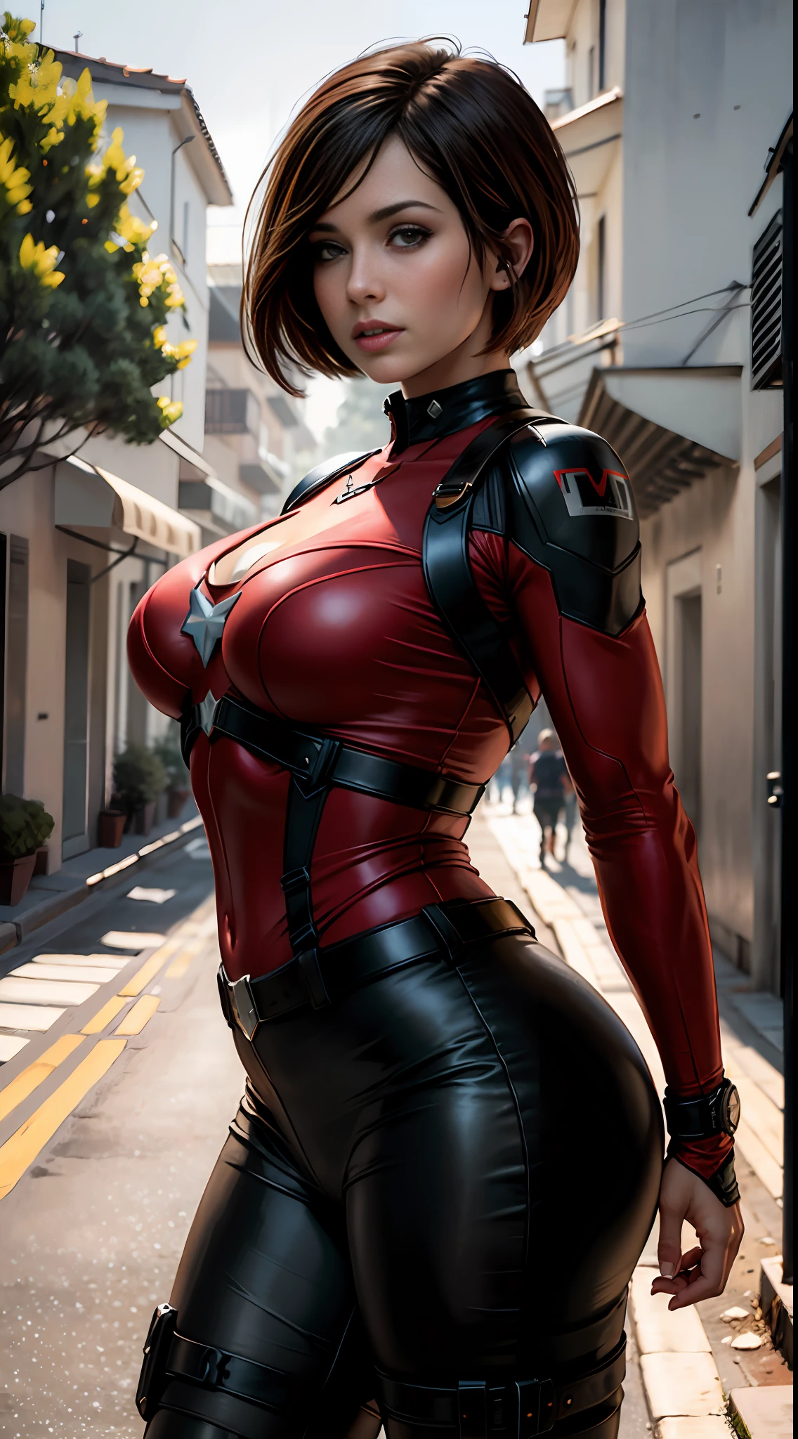 Captain America, Bustling Street, (inspired by Mass Effect), Captain America Suit, Safety Rating, Breast Plump, Fat Buttocks, Leather Pants Wrapped Hips (8K, Foto RAW, Fotorrealista: 1, 25), (Muito Brilho Labial, Muitos Cílios, Melhor Qualidade, Ultra Alta Resolução, Profundidade de Campo, Aberração cromática, luz ampla, cor natural, distant image (1:2)