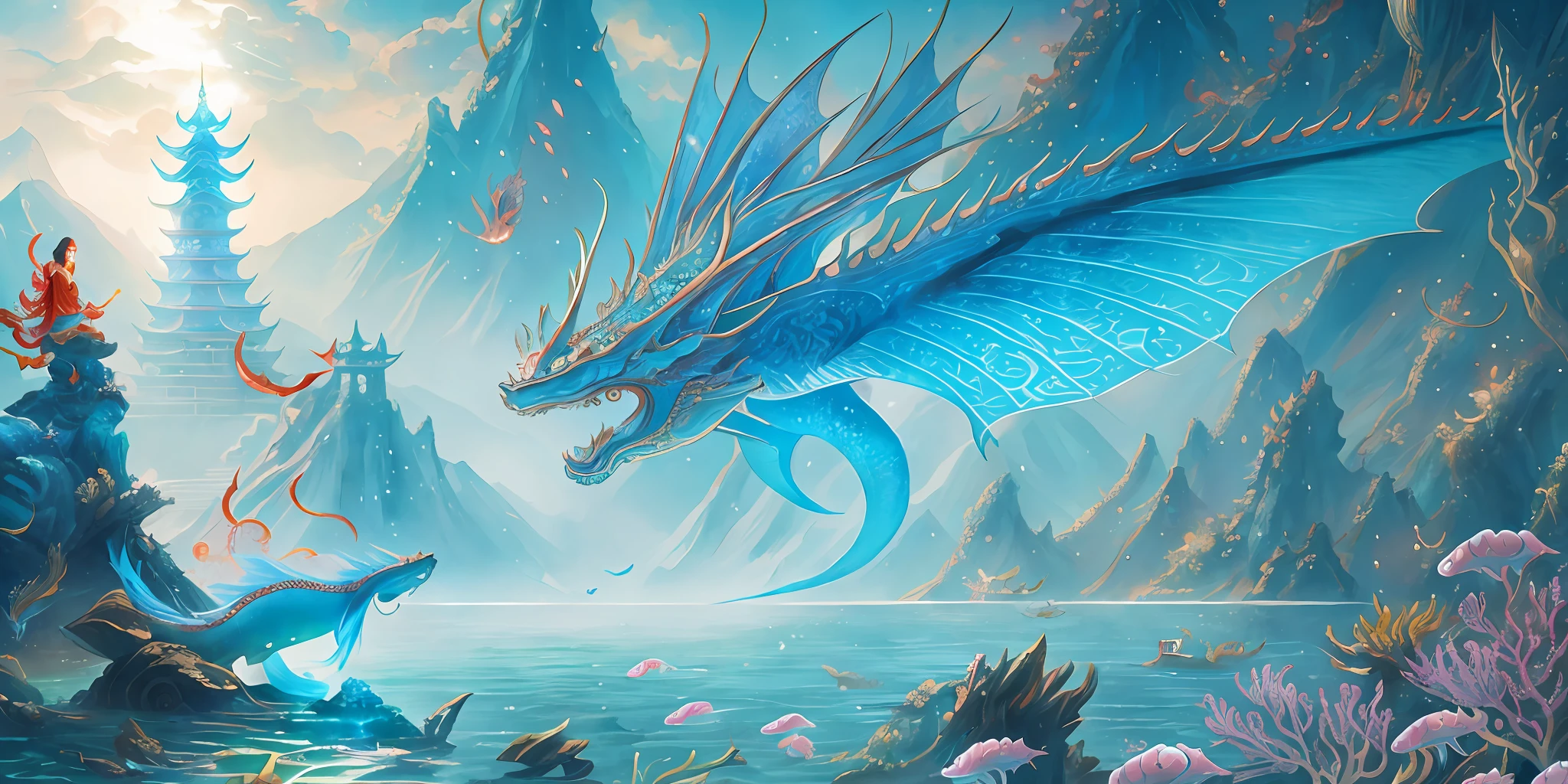 Illustration of dragon and fish in water, Chinese surrealism, Chinese fantasy, Chinese mythology, underwater temple with fish, jellyfish phoenix dragon, Chinese dream, Chinese dragon concept art, sea queen Mu Yanling, inspired by Jeremy Chong, dragon, Akira in Chinese mythology, underwater temple, beautiful art --auto --s2