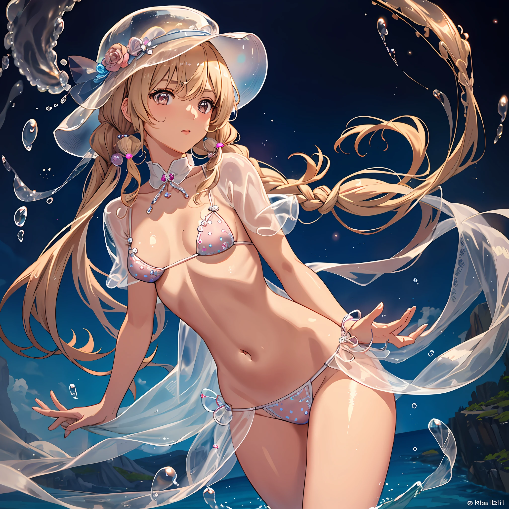 jellyfish hat, jellyfish nipple seal, bikini and jellyfish fusion, brown skin, active pose, natural luminescence, pigtails, small breasts, lower breasts, female brat, thick eyebrows, thin waist, beautiful blonde, braid, (masterpiece), ((highest quality)), (super detailed), girl, (beautiful eyes)), beautiful detailed eyes, clean and detailed face, five fingers, textile shading, perfect anatomy,