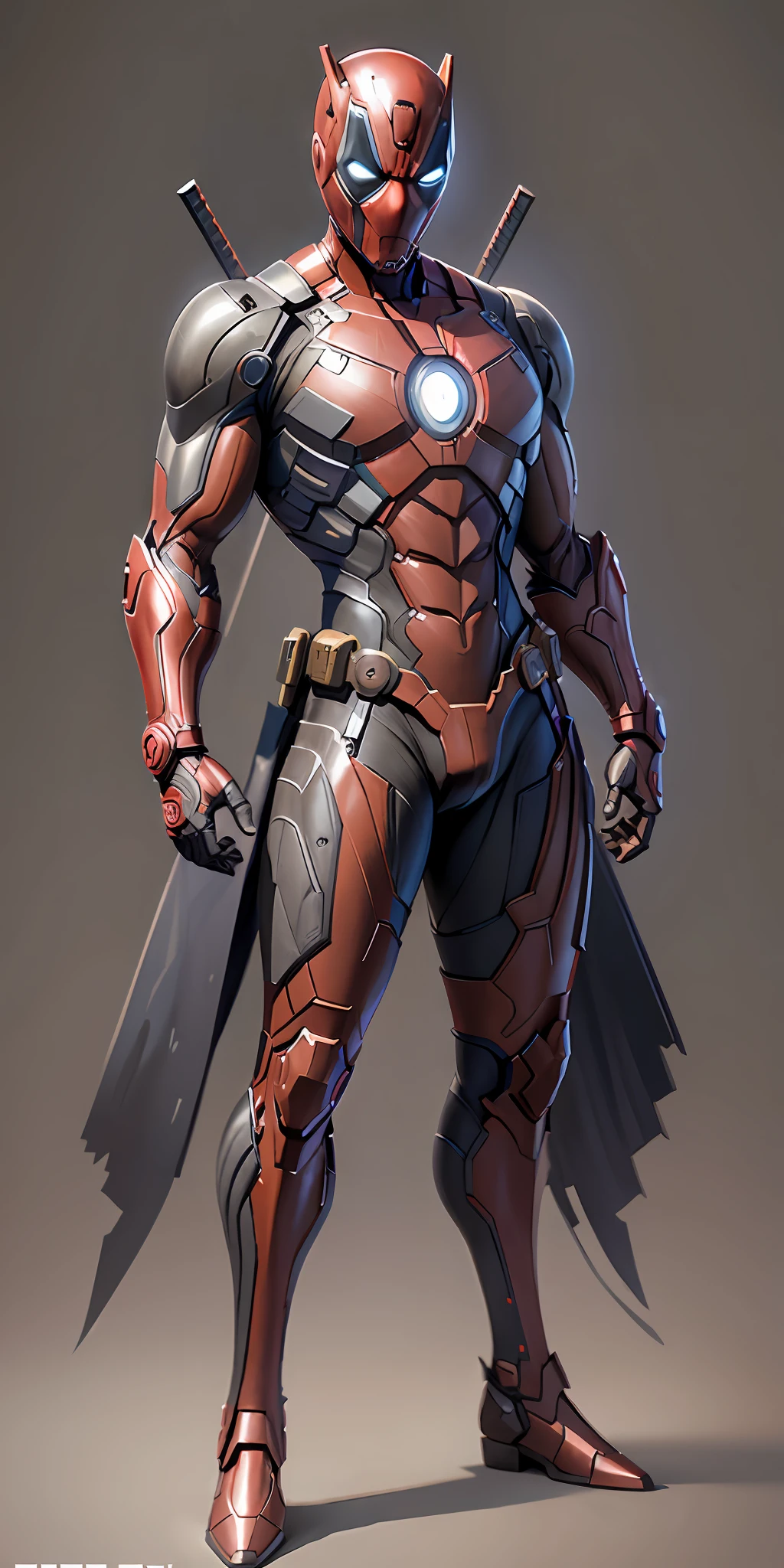 Deadpool in Iron Man armor from Marvel, frontal, full-length, looking at the camera, facing the audience, standing pose, simple background, three-dimensional light, detailed full-body concept, sleek digital concept art, beautiful full-body concept art, art trend, CGsociety full-length,