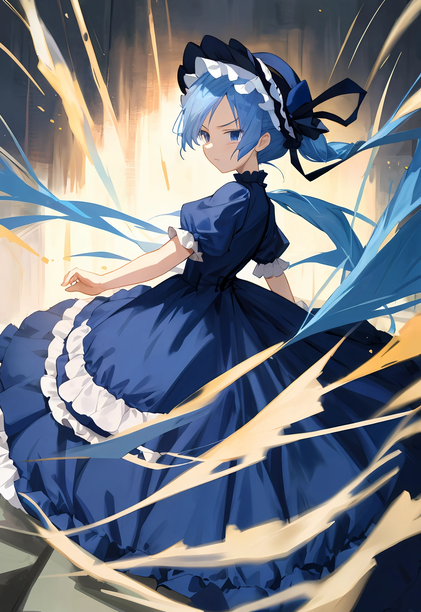 (best quality, masterpiece)1 little girl, long blue hair with half updo, expressionless face, glaring, long navy blue Lolita style dress, bonnet hat, full body, fighting motion pose, cornflower