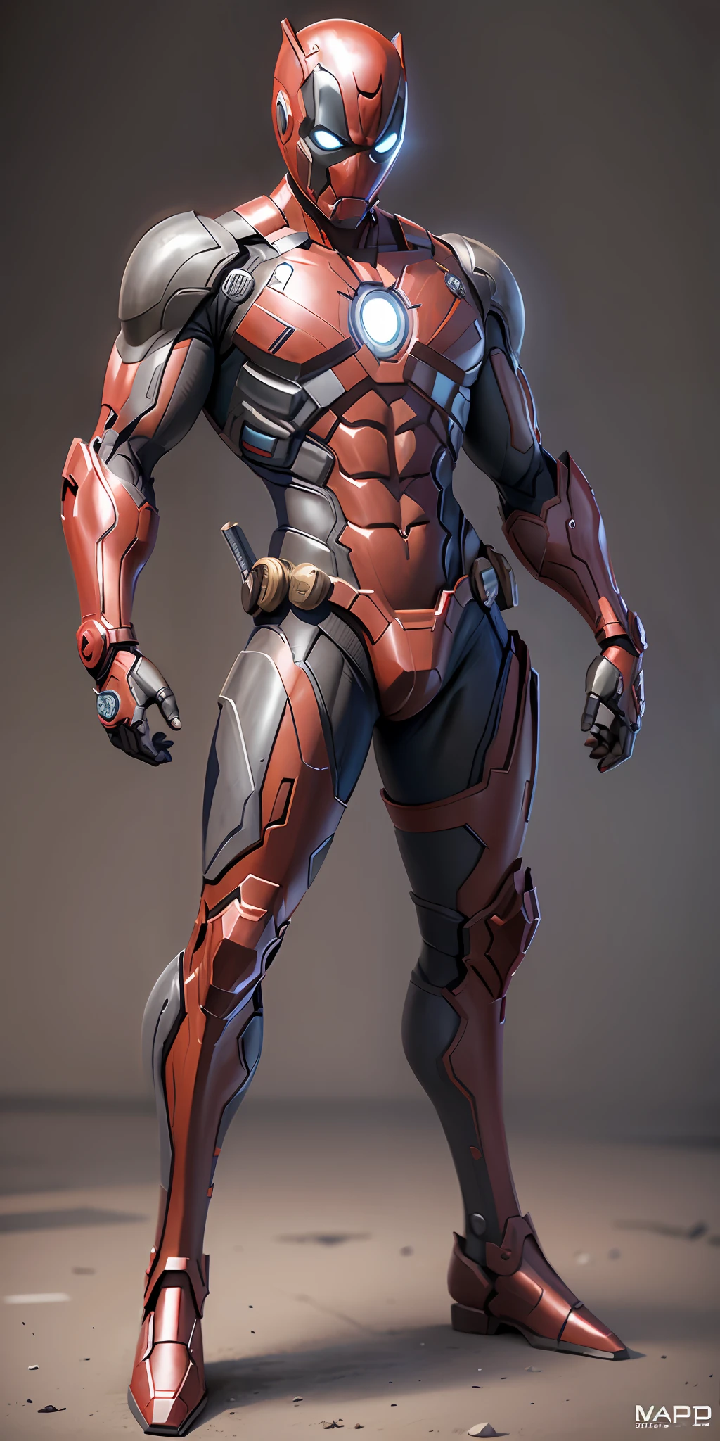 Deadpool in Iron Man armor from Marvel, frontal, full-length, looking at the camera, facing the audience, standing pose, simple background, three-dimensional light, detailed full-body concept, sleek digital concept art, beautiful full-body concept art, art trend, CGsociety full-length,