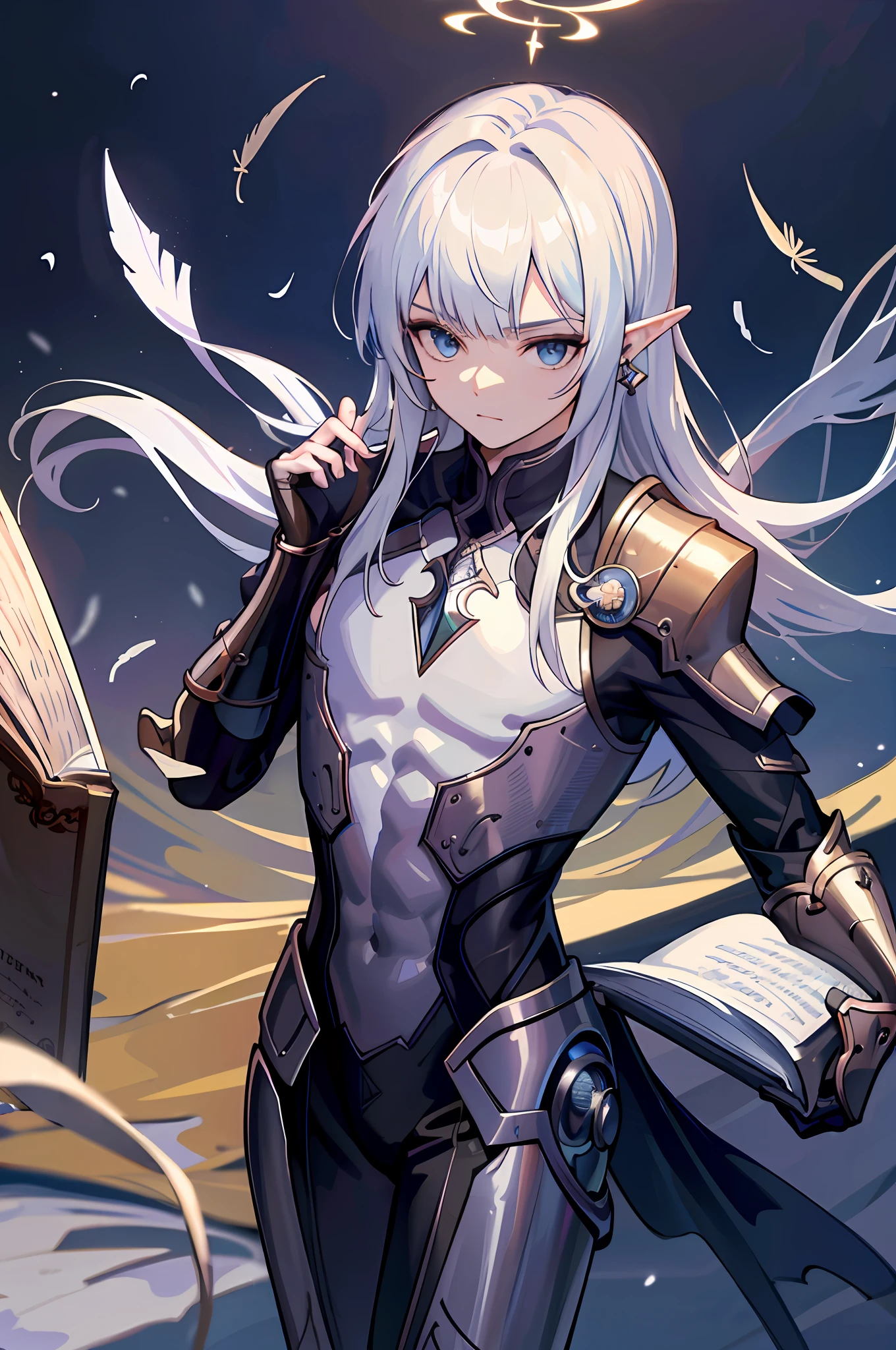 (Masterpiece, best quality, CG extremely detailed, fine eyes, hyper detail, intricate details: 1.2), 8k wallpapers, beautiful features, (1boy, solo: 1.4), long hair, striped hair, elf, halo, looking at the audience, blue eyes, earrings, anklets, mysteries, blue flames, feathers, birds, magic balls, books, magic wands, magic balls, books, flying pages, magic arrays, magic arrays, spells, night, darkness, (male focus: 1.5), abs, pectorals,