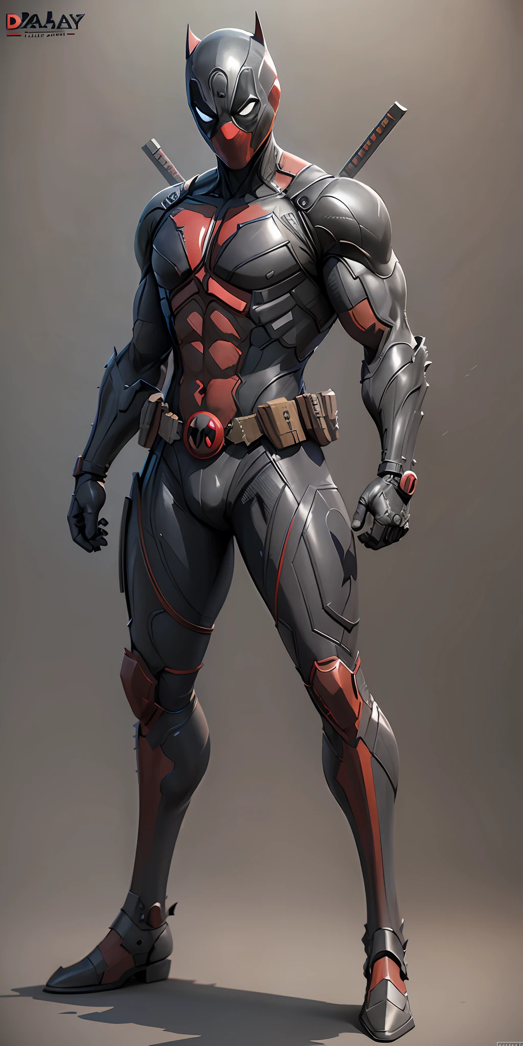 Deadpool in Batman armor from Marvel, frontal, full-length, looking at the camera, facing the audience, standing pose, simple background, three-dimensional light, detailed full-body concept, sleek digital concept art, beautiful full-body concept art, art trend, CGsociety full-length,
