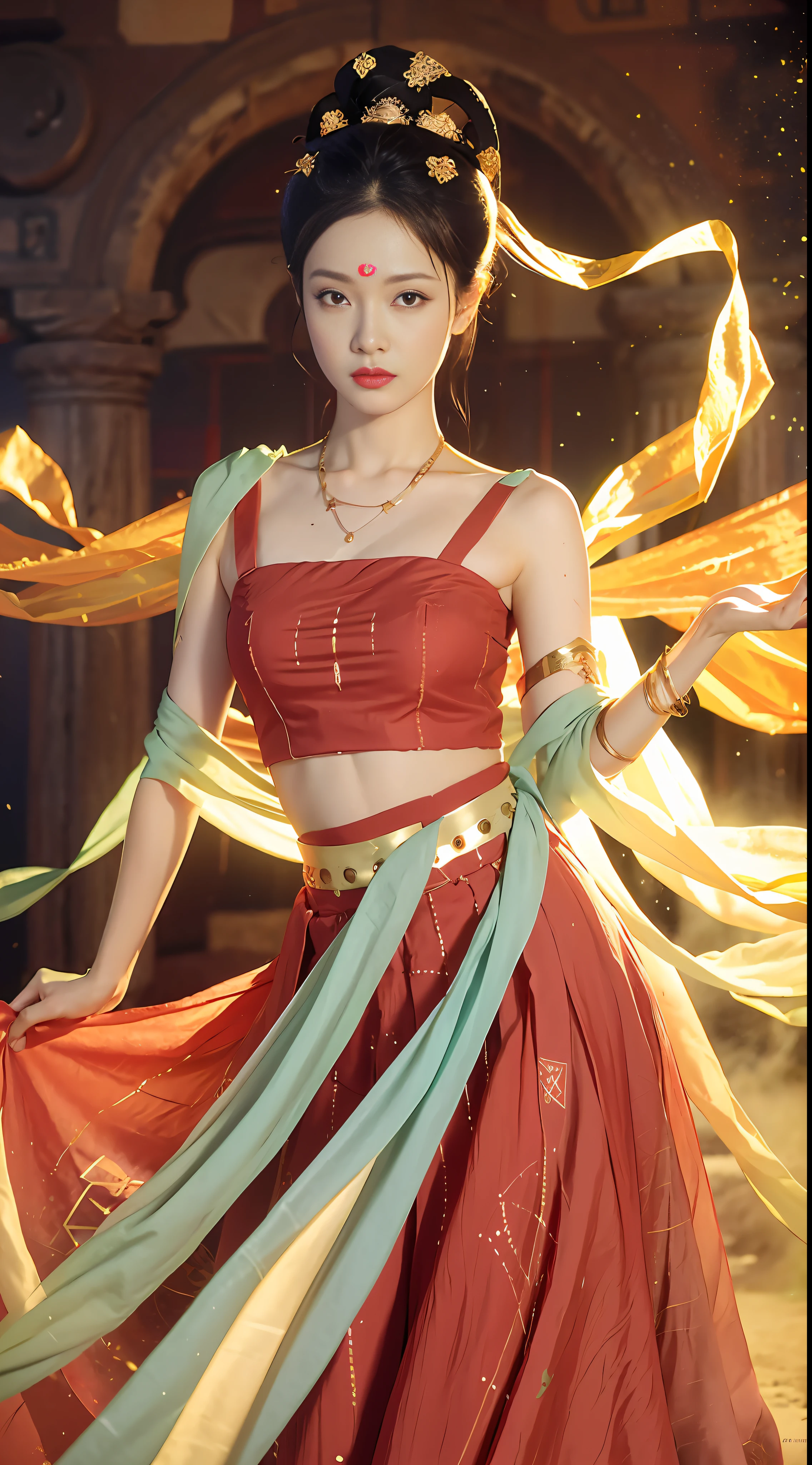 (8k, RAW photo, best quality, masterpiece:1.2), (realistic, photo-realistic:1.4), (extremely detailed CG unity 8k wallpaper), (1 girl:1.5), Western beauty, (Red clothes: 1.4), red spots on forehead, pale skin, blush, big eyes, full body, thighs, open navel, gold waist chain, gold jewelry, flying ribbons, particles, background is Loulan ancient city, ancient city wall, desert, dance, dunhuang_dress, dunhuang_style,