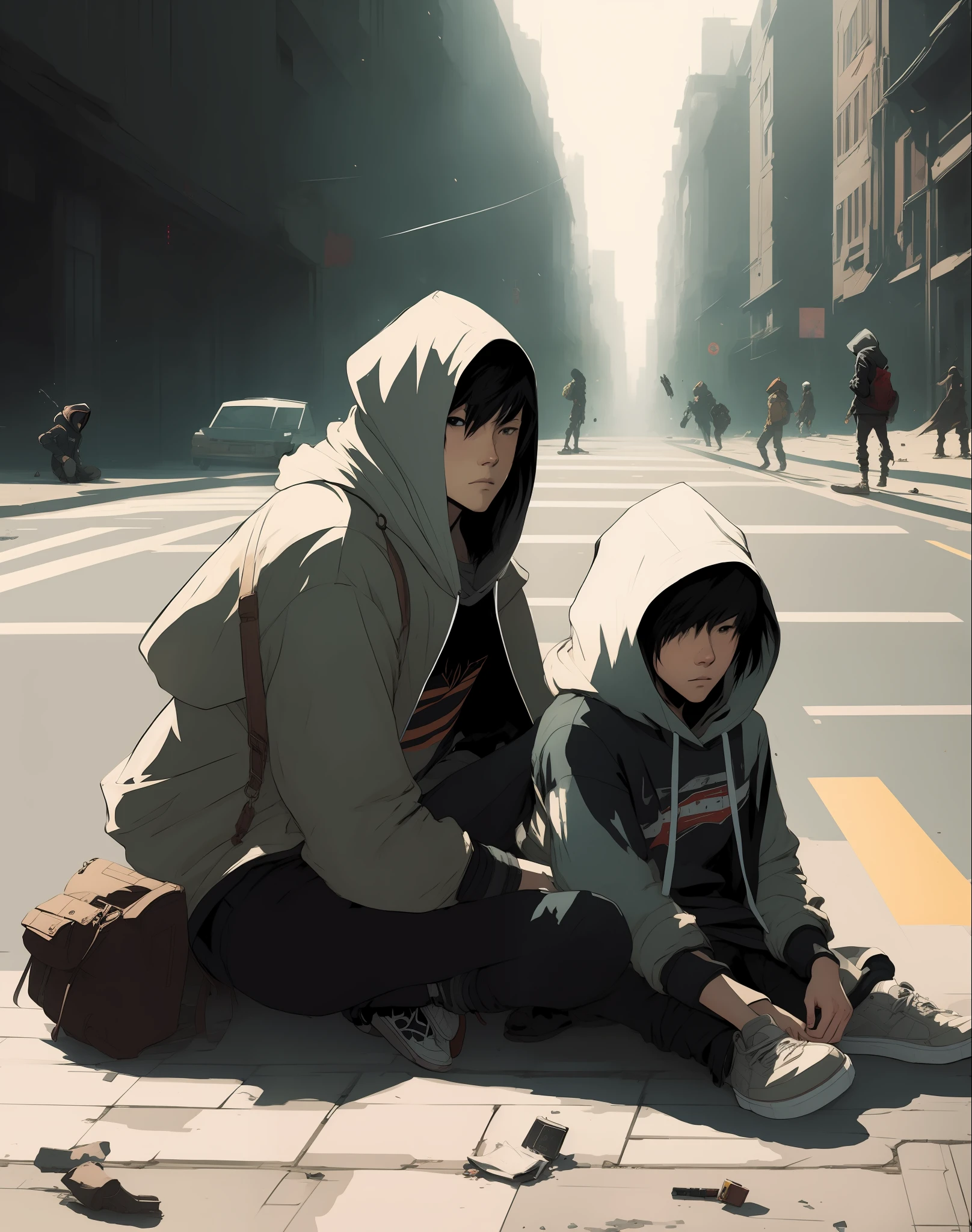 Hoodie ager sitting alone on the floor in the street, by Dustin Nguyen, Akihiko Yoshida, Greg Tocchini, Greg Rutkowski, Cliff Chiang, 4k resolution, detailed rendering, post-processing, ultra-detailed face, camera face, epic background, face facing the camera, mouth telling the story
