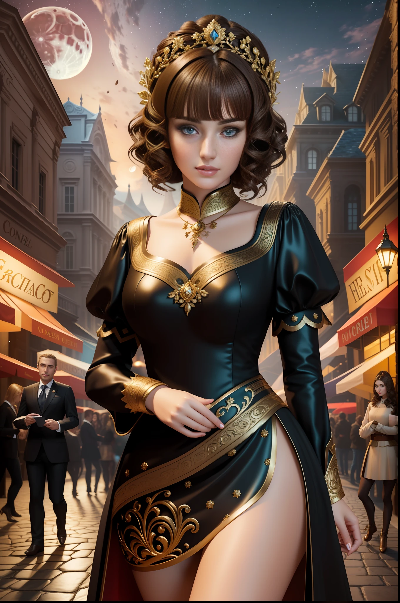 best quality, masterpiece, ultra resolution, (unreal engine: 1.4, realistic: 1.4), original photo, masterpiece, best quality, super detail, Illustrations, (bust shot, street, moon light), masterpiece, 1girl, solo exhibition, beautiful woman on bustling street, surrounded by vendors, beautiful goddess girl portrait, beautiful and detailed face, porcelain skin, ((bust lens, center, night, brunette hair, short hair)), super soft lighting, symmetry, complexity, elegance, high detail, realism , art, concept art, smile, fantasy costume, super fine costume,