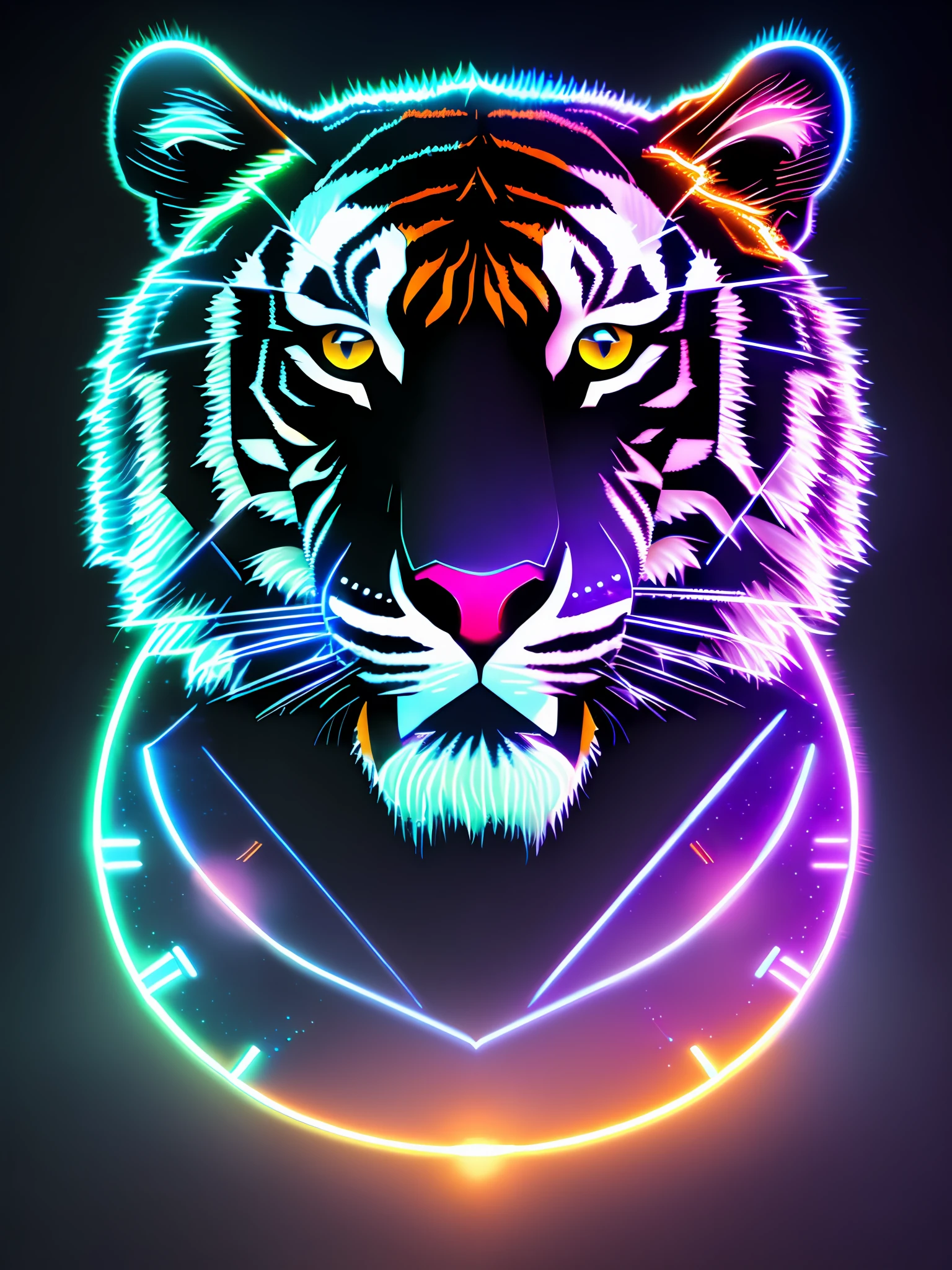 snowapocalypse portrait of super cute Anthromorphic Tiger made of clockwork gears, menger sponge, dark light, neon signs, haunting atmosphere, digital art , intricate, 8k resolution, super high quality,.