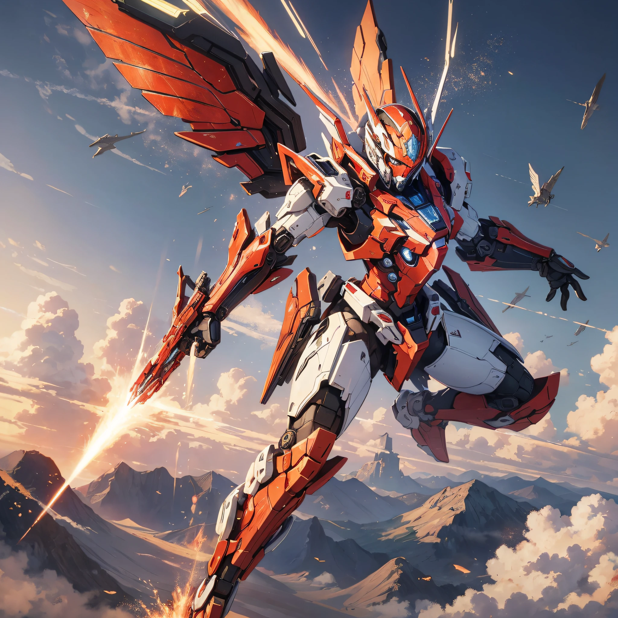 Absurd resolution, high resolution, (masterpiece: 1.4), hyper-detail, a mech, red armor with red wings, floating flight in the sky (1.8) The background is earth, fire