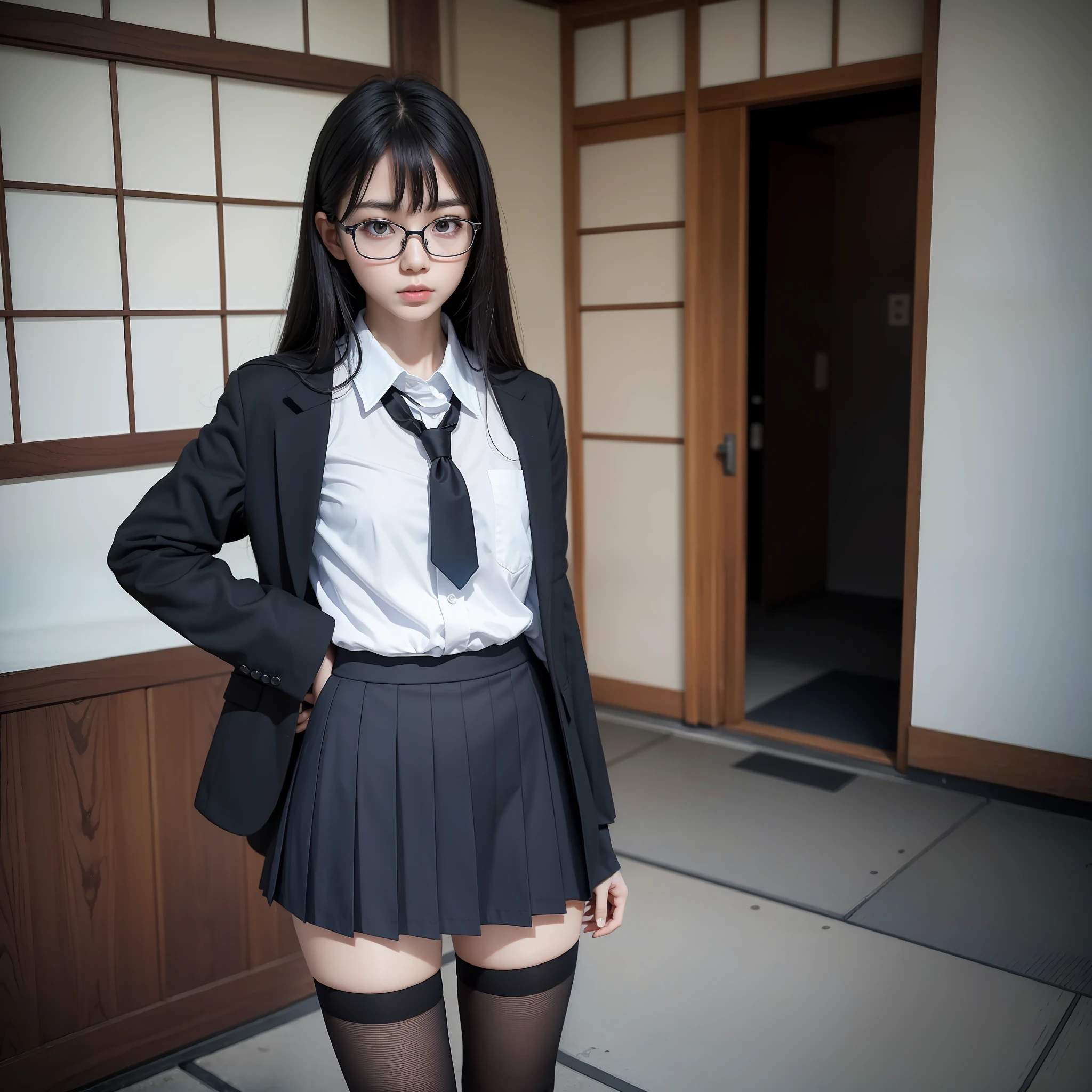 Raw photo, Candid, Narrow eyes, black stockings, textured skin, 1 girl, solo,full body, (medium hair:1.2), pale skin, Japan person, glasses, small, young, tall, dark expression, bright black eyes, anger, school uniform, blue and light blue checked skirt, slender body, medium build, small waist, wide thighs, photorealistic, best quality, 8k, masterpiece