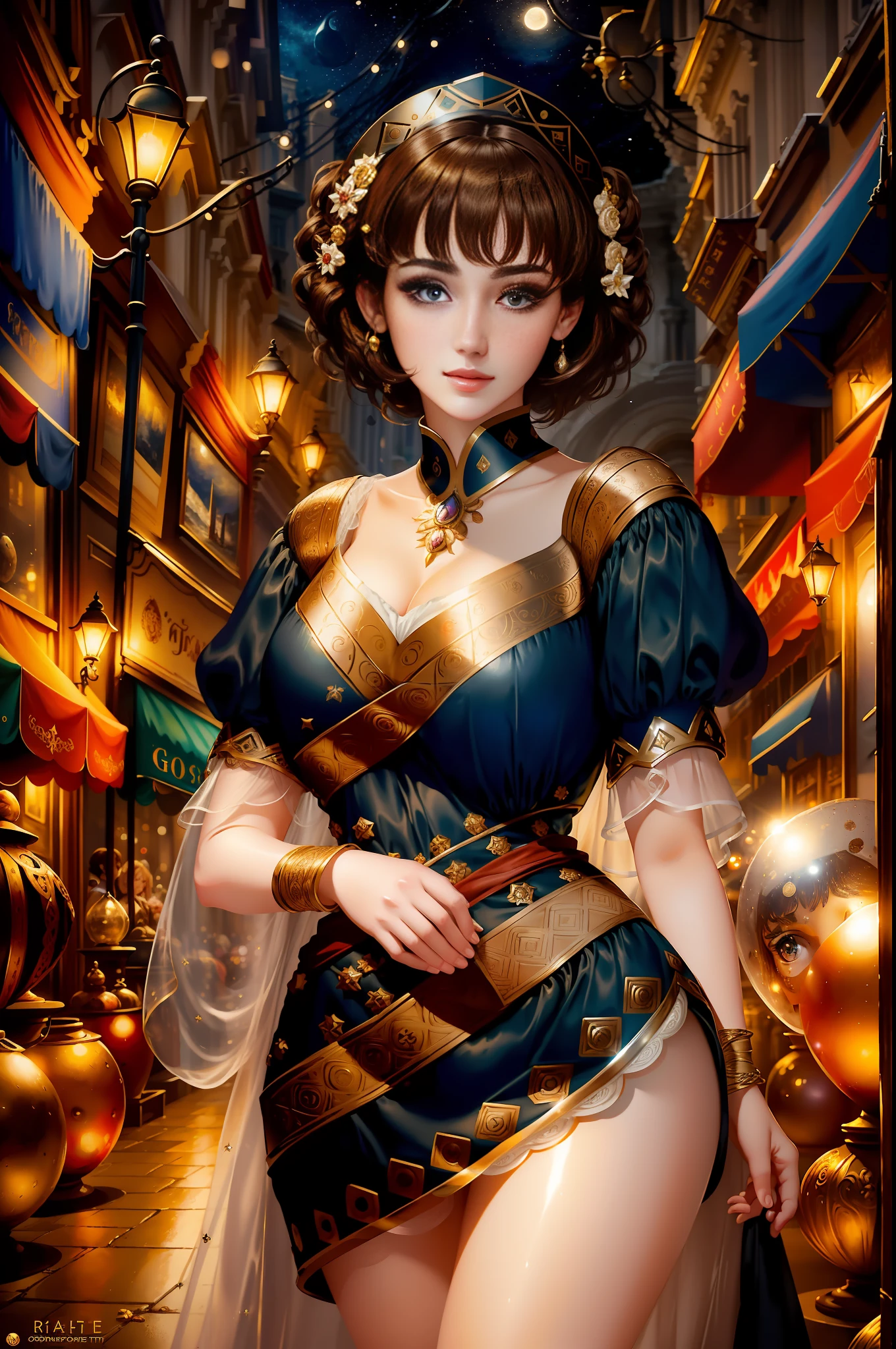 best quality, masterpiece, ultra resolution, (unreal engine: 1.4, realistic: 1.4), original photo, masterpiece, best quality, super detail, Illustrations, (bust shot, street, moon light), masterpiece, 1girl, solo exhibition, beautiful woman on bustling street, surrounded by vendors, beautiful goddess girl portrait, beautiful and detailed face, porcelain skin, ((bust lens, center, night, brunette hair, short hair)), super soft lighting, symmetry, complexity, elegance, high detail, realism , art, concept art, smile, fantasy costume, super fine costume,
