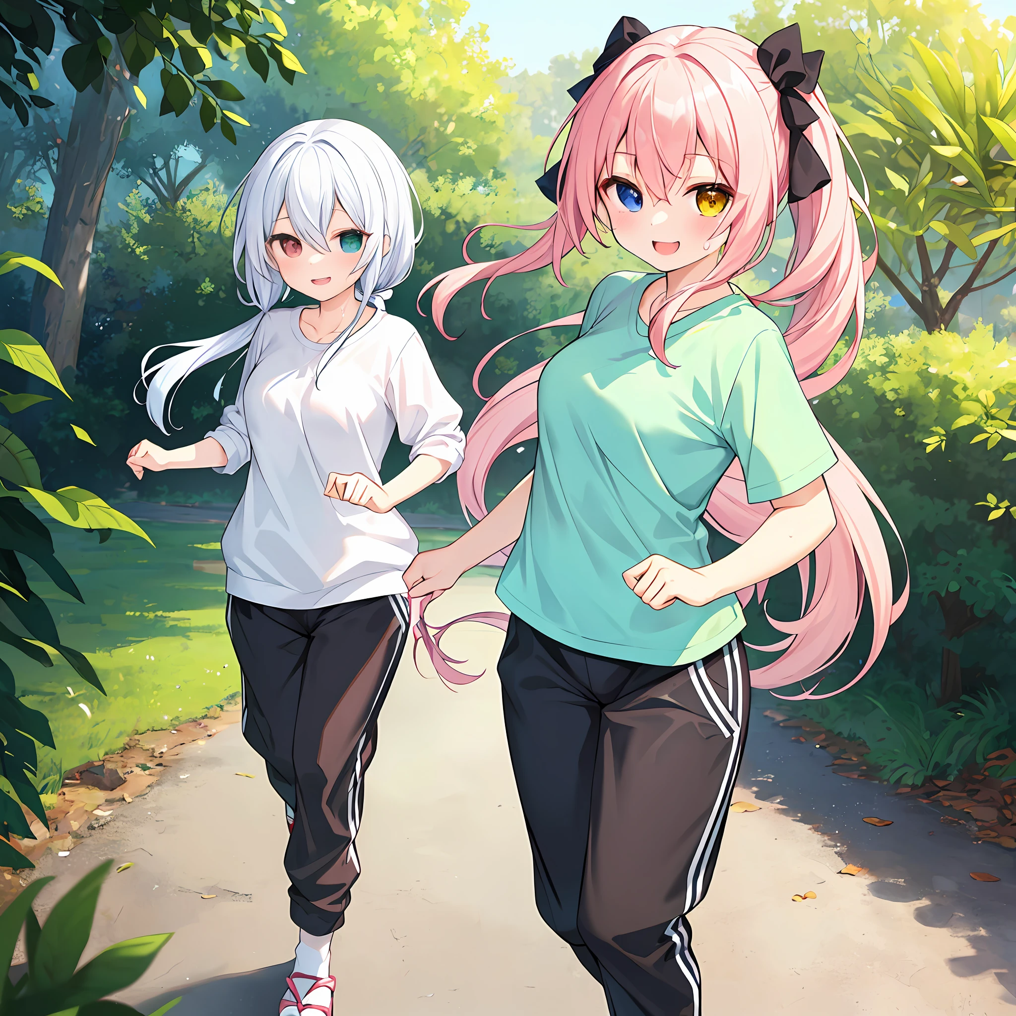 (Masterpiece, Super Detail, Top Quality, 8k, 32K, High Resolution, Kyoto Animation Style Anime Illustrations, Top Quality Official Art Features: 1.6), (Heterochromia, Blue and Green Eyes: 1.8), (Chibi: 1.8), (Caregiver, One Cute Girl, Solo, Standing, Watch Viewer, Full Body, Predecessor, Cute Open Mouth, Makeup, Cute, Happy Smile: 1.3), (Lori :1.2), (cute:1.5)、sexy kawaii girl,running in the park in the morning, short of breath,(sweat)1.4,satisfied smile,wearing light brown sport bra and jogger pants,transparent shirt,soft clean focus, realistic lighting and shading,active,dynamism,(pale pink hair, braids, hair ribbons, cute ribbons:1.1), thin eyebrows, big breasts, beautiful breasts, sheer bra
