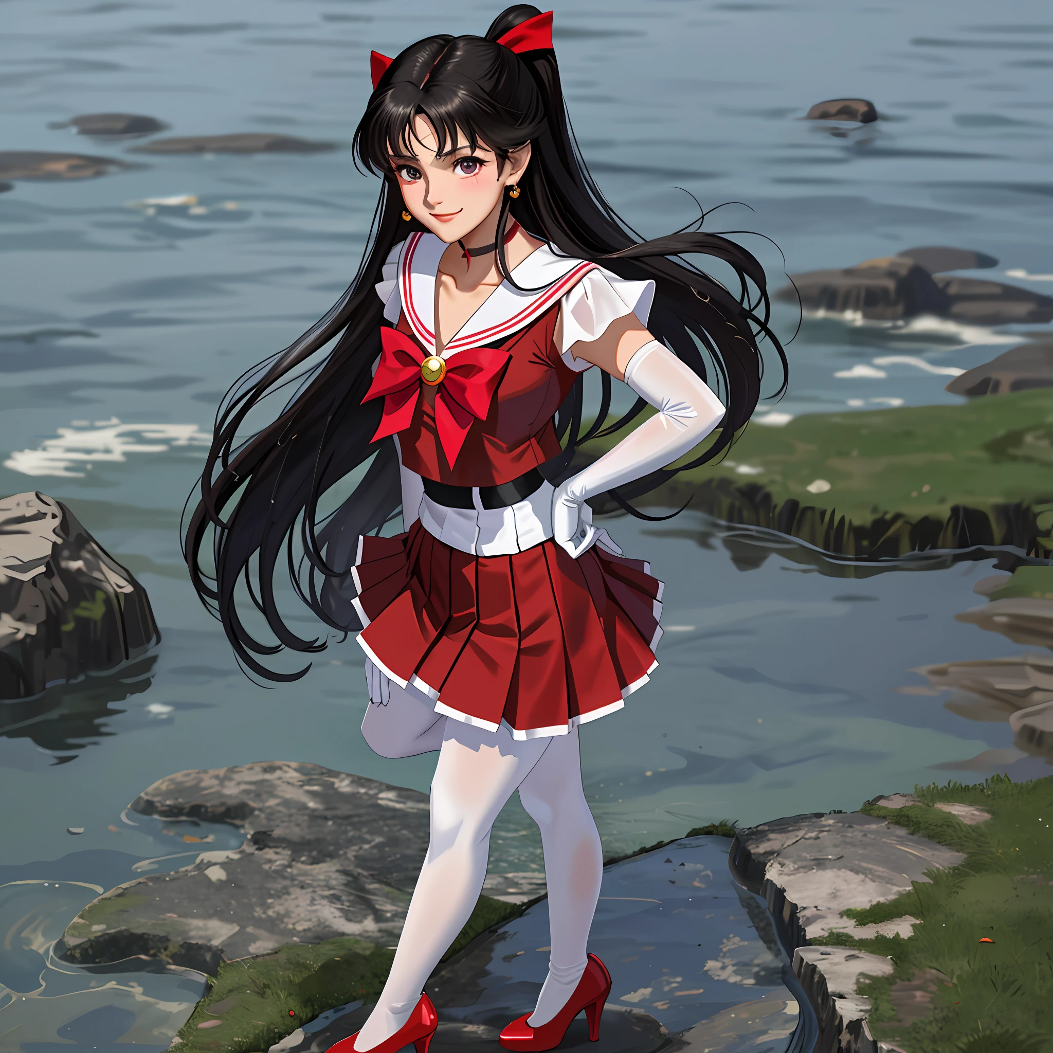 masterpiece, best quality, highres, rei hino, sailor mars, smmars, sailor senshi, wet, wetlook, wet clothes, red high heels, wet heels, lake, rain, tiara, red skirt, sailor senshi uniform, white gloves, red sailor collar, red skirt, star choker, elbow gloves, pleated skirt, pantyhose, purple bow, cowboy shot, standing, smile, outdoors, hand on hip