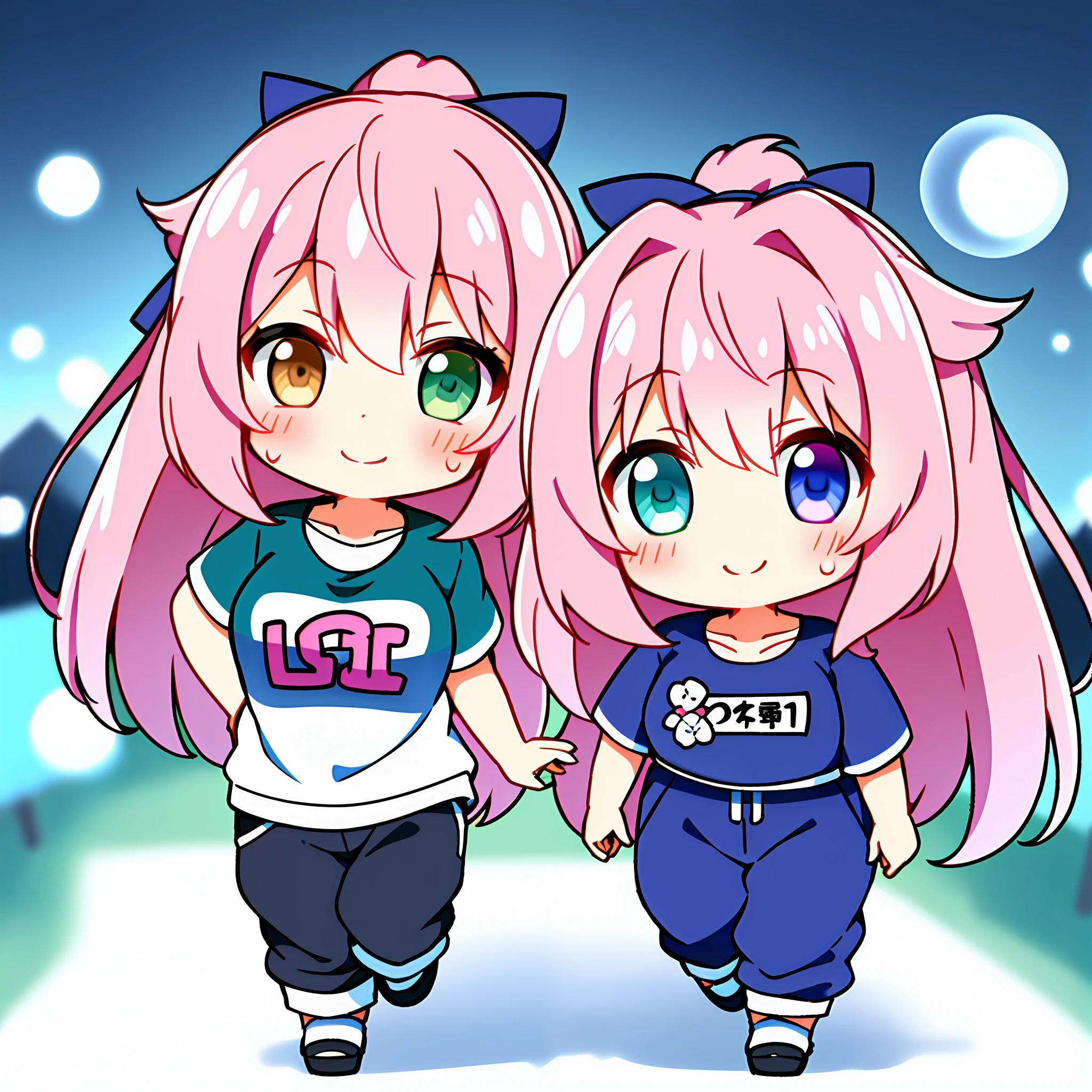 (Masterpiece, Super Detail, Top Quality, 8k, 32K, High Resolution, Kyoto Animation Style Anime Illustrations, Top Quality Official Art Features: 1.6), (Heterochromia, Blue and Green Eyes: 1.8), (Chibi: 1.8), (Caregiver, One Cute Girl, Solo, Standing, Watch Viewer, Full Body, Predecessor, Cute Open Mouth, Makeup, Cute, Happy Smile: 1.3), (Lori :1.2), (cute:1.5)、sexy kawaii girl,running in the park in the morning, short of breath,(sweat)1.4,satisfied smile,wearing light brown sport bra and jogger pants,transparent shirt,soft clean focus, realistic lighting and shading,active,dynamism, (pale pink hair, twin blades, long hair, hair ribbons, cute ribbons: 1.1), thin eyebrows, big breasts
