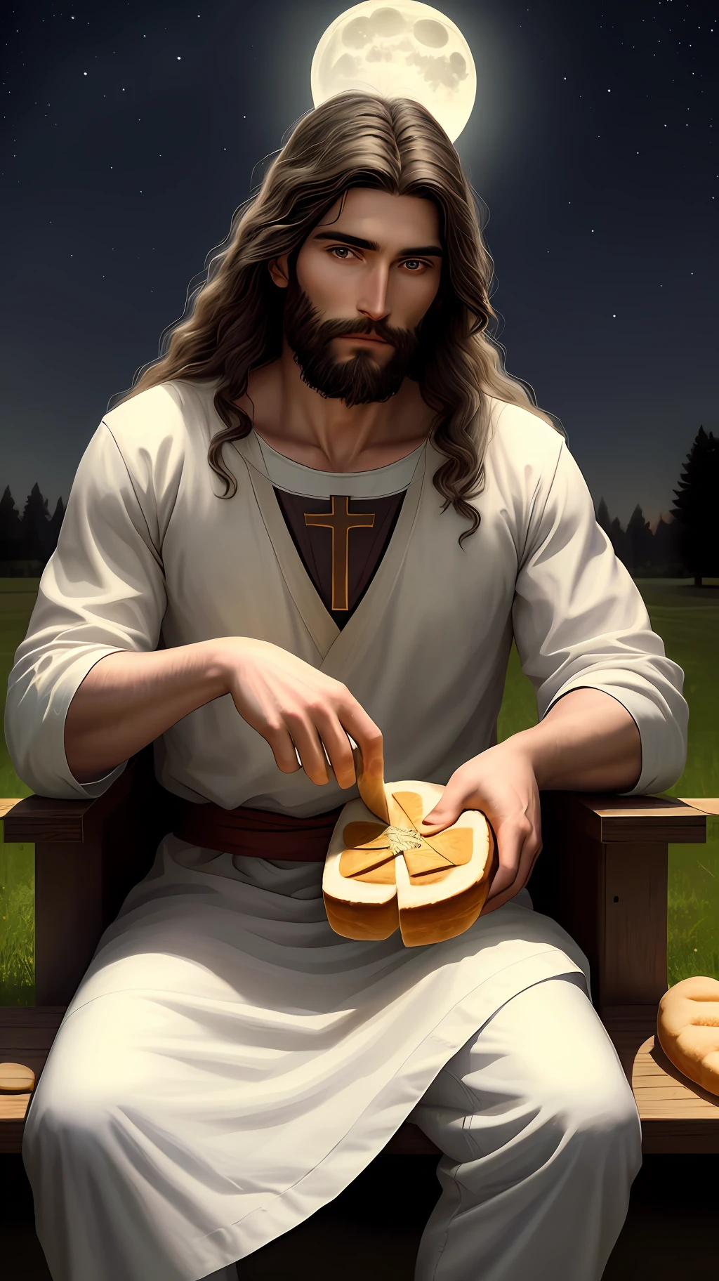 A beautiful, hyper-realistic man sitting under a tree (Jesus Christ) is clear night of full moon, and in one of his hands he holds a loaf of bread (round in shape and with a cross cut on the bread) a beautiful and high quality image.