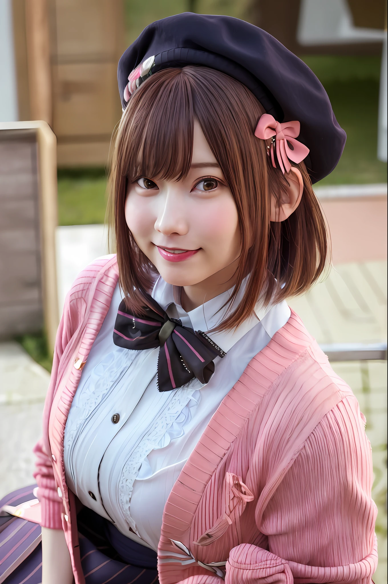 (Realistic, Photorealistic: 1.37),masterpiece, best quality, highres, hmsl1, beret, x hair ornament, medium hair, pink bow, large breasts, jewelry, pink cardigan, brooch, white shirt, vertical-striped skirt, striped pantyhose, cowboy shot, standing, smile,