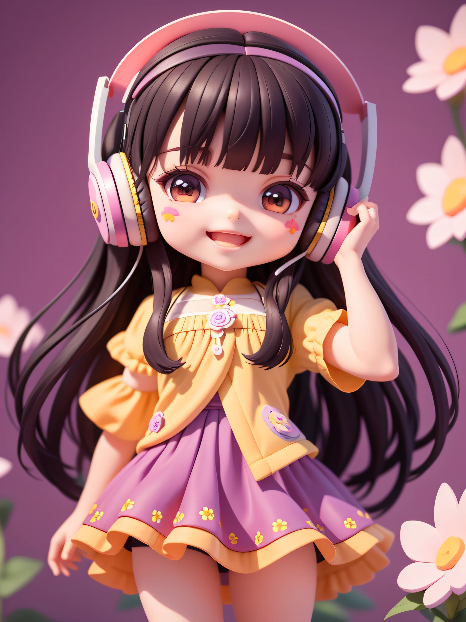 (Masterpiece), (Best Quality), (Ultra Detailed),,
cute, smile, open mouth, flower, bedroom, blush, :3, purple skirt, long hair, blurred, black hair, blush sticker, short sleeves, bangs, headphones, brunette 
(beautiful delicate face), (beautiful detail eyes),