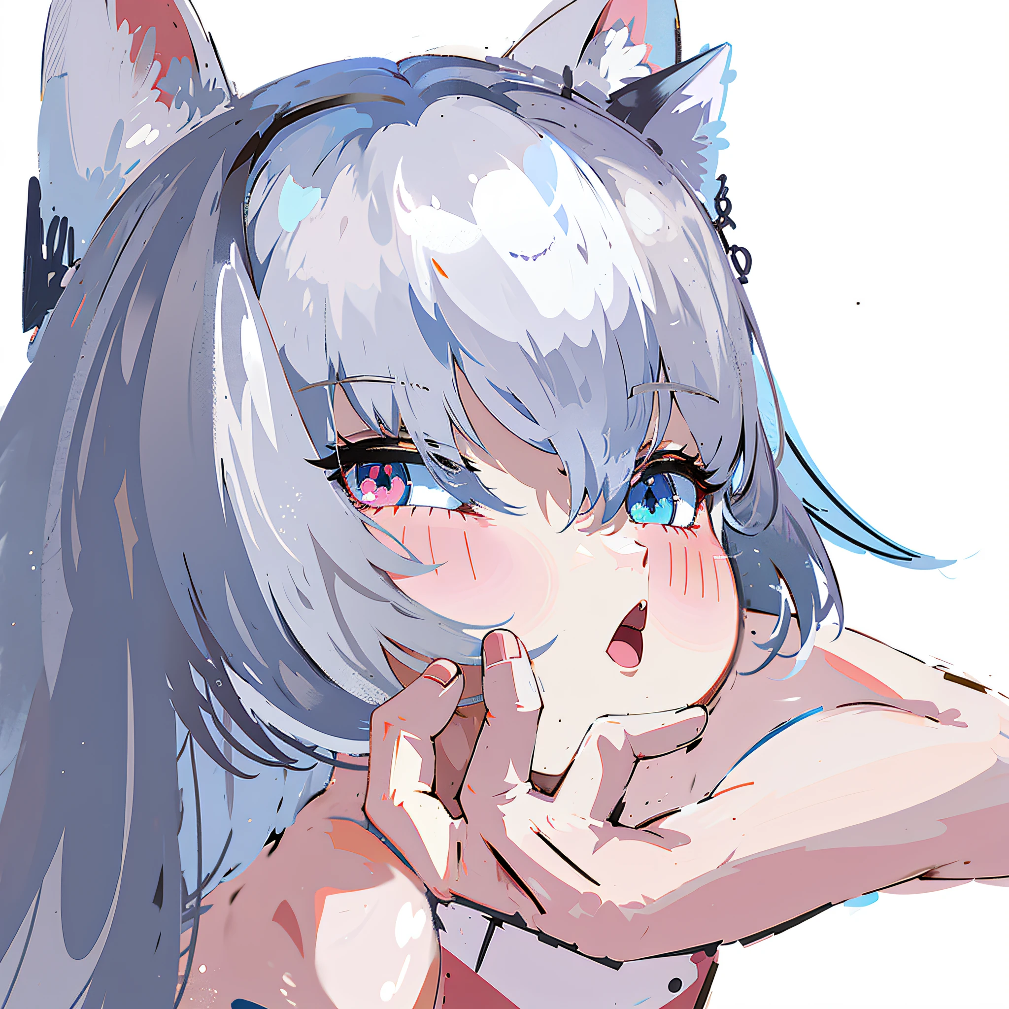 anime girl with blue eyes and gray hair with a cat ears, holo is a wolf girl, white - haired fox, holo if a wolf girl, cute anime catgirl, anime catgirl, beautiful anime catgirl, anime girl with cat ears, wolf ears, white cat girl, painted in anime painter studio, catgirl, flat anime style shading