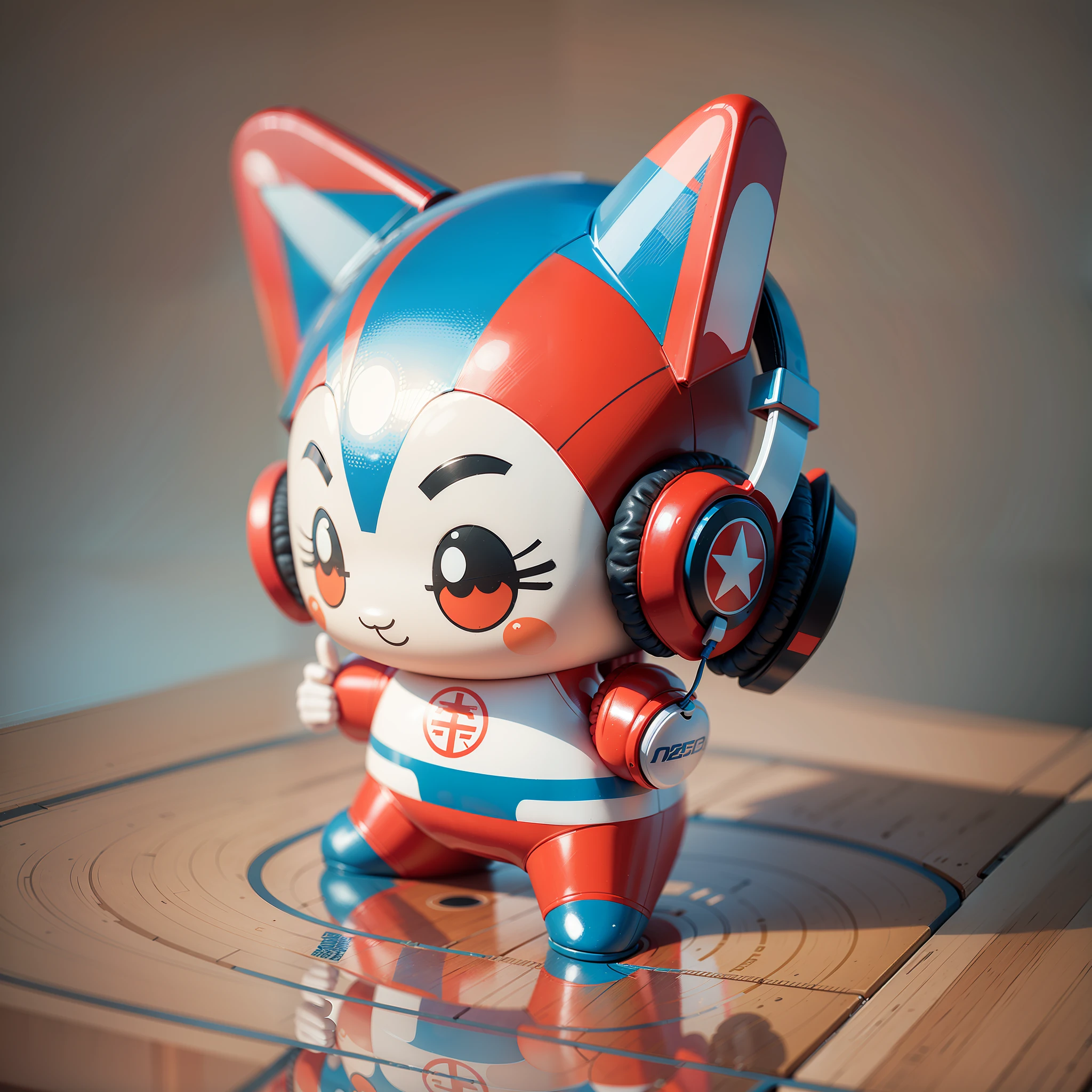 Close-up of cartoon character wearing headphones, red and blue plane, flat model of Chinese mascot, flat character, high detail iconic character, vinyl designer toy, cute flat rendering --auto --s2