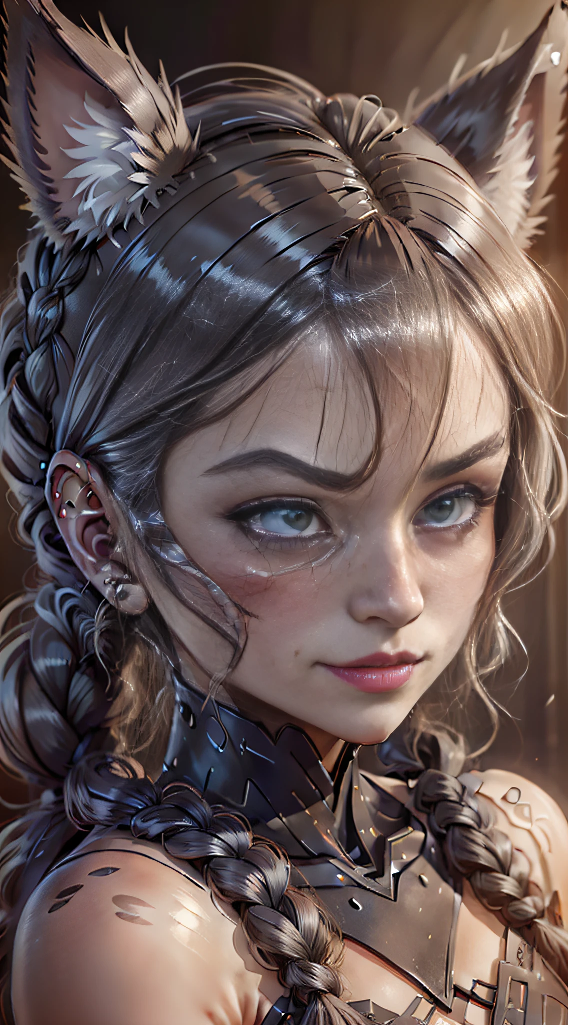 Sexy Model Brunette Hair, Hair Bubbles, Cringe, Long Eyelashes, Solid Round Eyes, Fake Animal Ears, Light Smile, Ear Blush, Fangs, Gray Hair, Braided Ponytail, Glow, Tears of Joy, Point Ears, Anger, Shadow, Tachi-E, Depth of Field, Chiaroscuro, God Ray, Shadow, 8K, Super Detail, Ccurate, Best Quality, UHD, Textured Skin