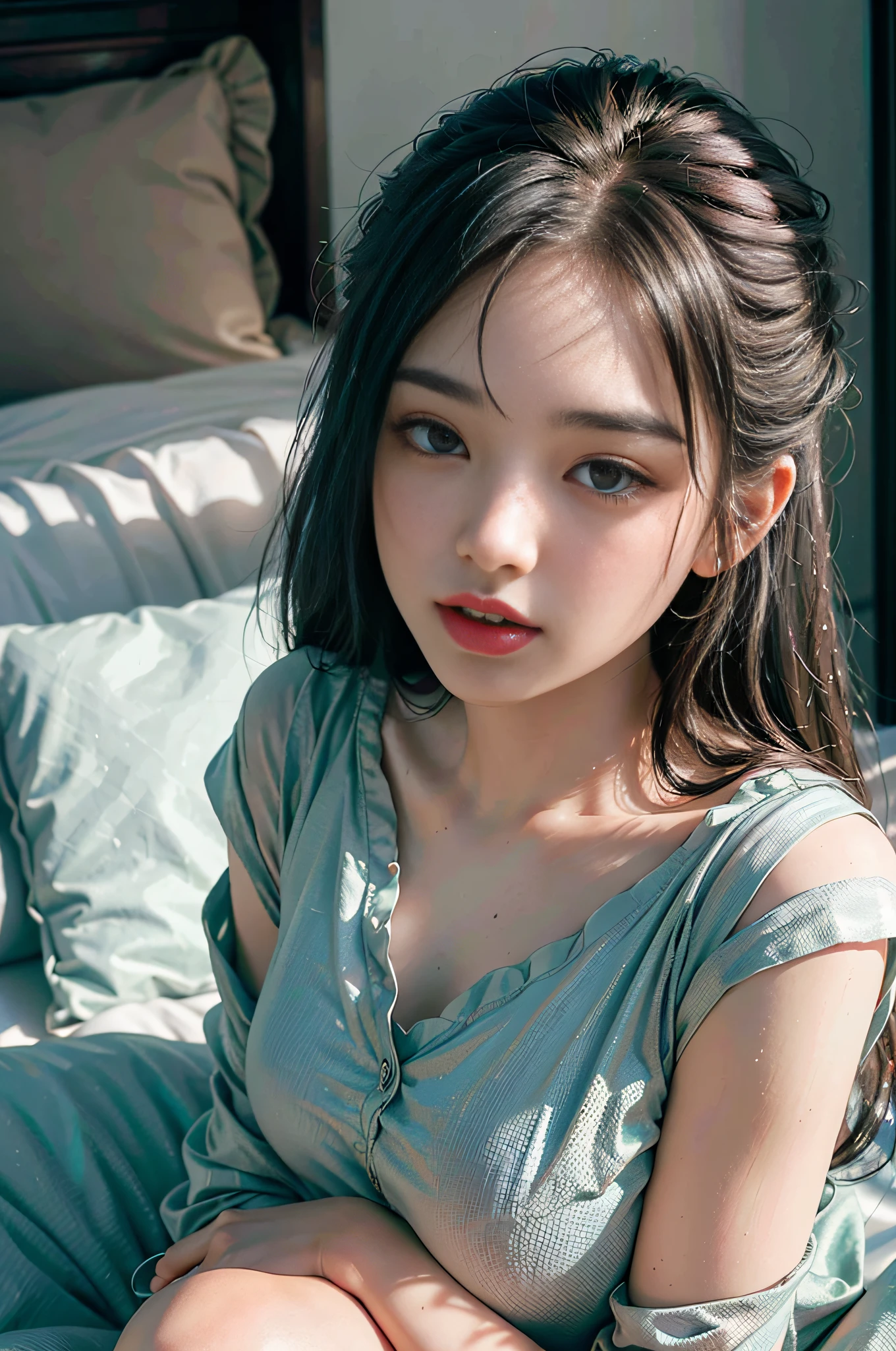 Nikon RAW photo,8 k, Fujifilm XT3,masterpiece, best quality, realistic, photorealistic, (lying on bed),(bed sheet),(Lie on the pillow),(smirk:1.1),best quality,(detailed facial features),(eyelashes:1.1),(depth of field:1.1), (chromatic aberration:1.1), (caustics:1.1), nvshen