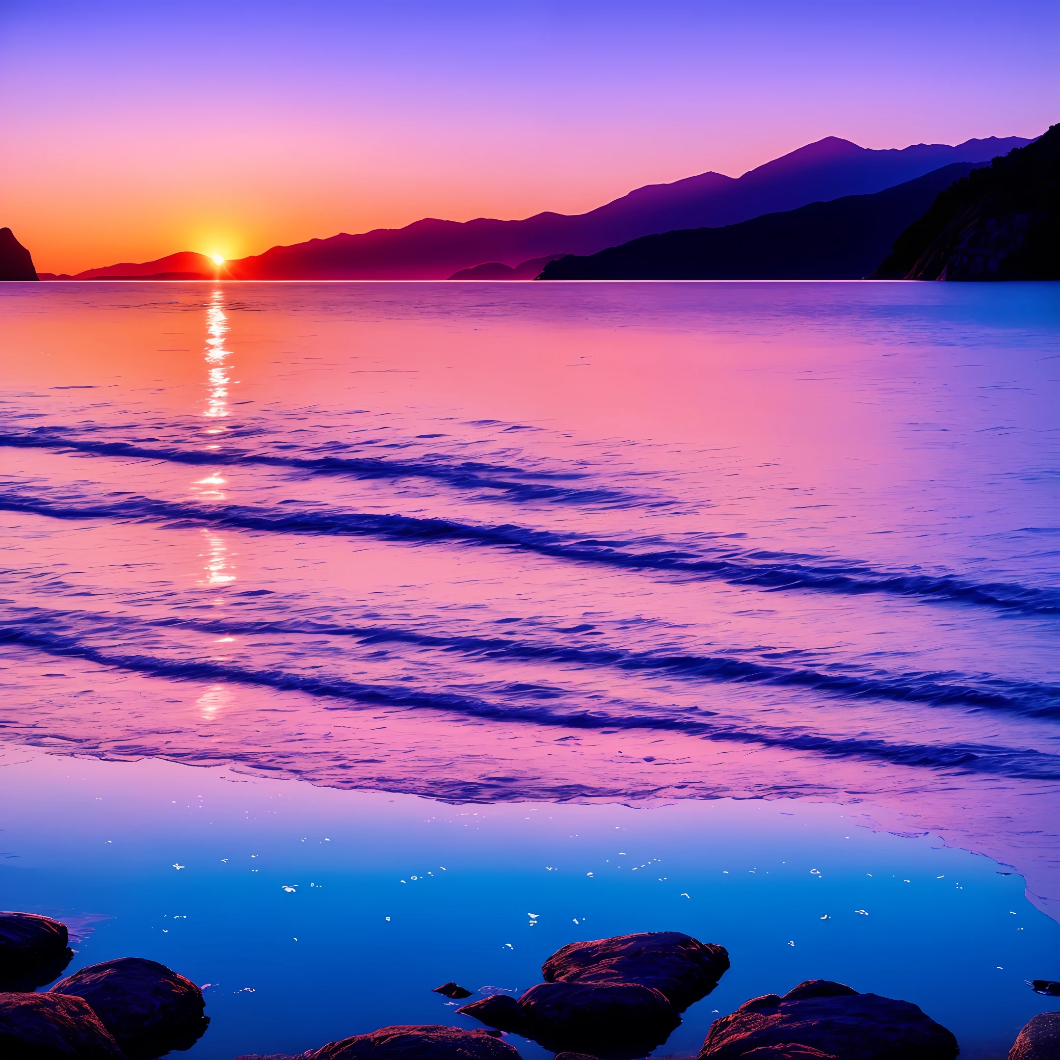 Dawn by the sea, mountains, reflection of the starry sky in the water, bright red sun in violet shades, rays of light, energy of love and happiness