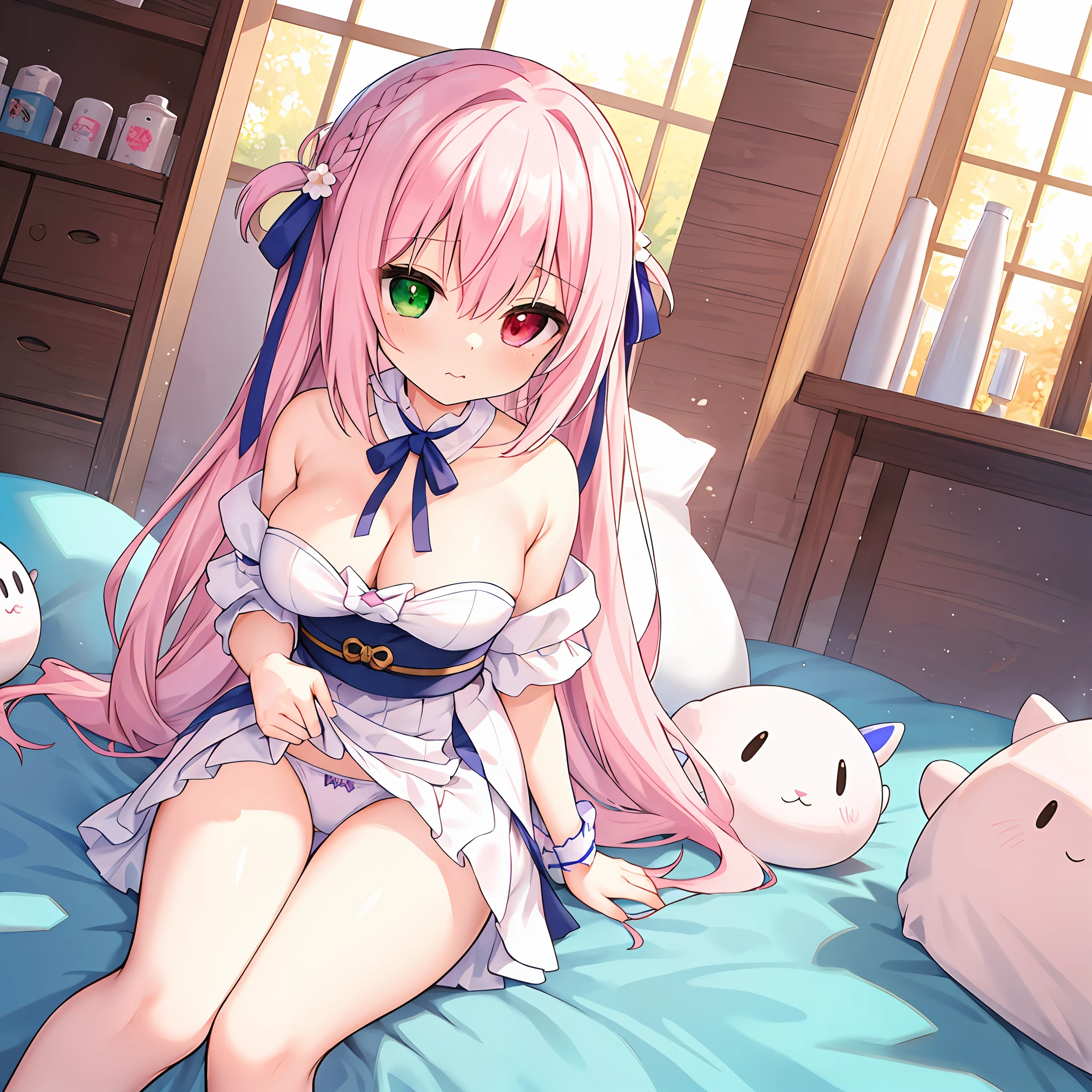 (Masterpiece, Super Detail, Top Quality, 8k, 32K, High Resolution, Kyoto Animation Style Anime Illustrations, Top Quality Official Art Features: 1.6), (Heterochromia, Blue and Green Eyes: 1.8 ), (Chibi: 1.8), (pale pink hair, braid, cute ribbon: 1.3), underwear, beautiful big breasts that seem to burst, hands holding breasts, troubled face, cleavage flowing milk, fashionable pink girls' room