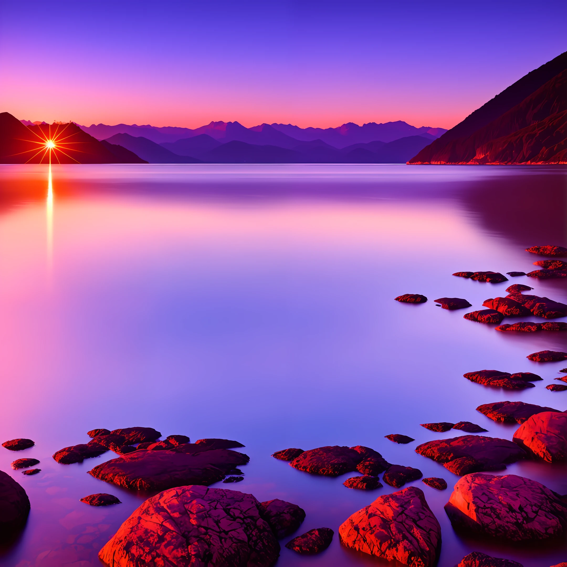 Dawn by the sea, mountains, reflection of the starry sky in the water, bright red sun in violet shades, rays of light, energy of love and happiness