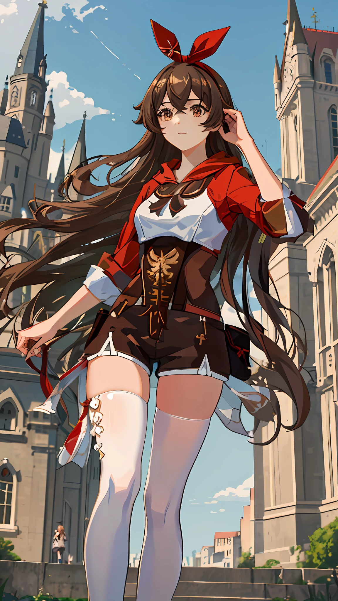 (masterpiece), (best quality), (ultra detailed),(disheveled hair),(illustration), (1girl), long brown hair, red headband, red sleaves, brown shorts, white shirt, white socks, outside in front of the castle