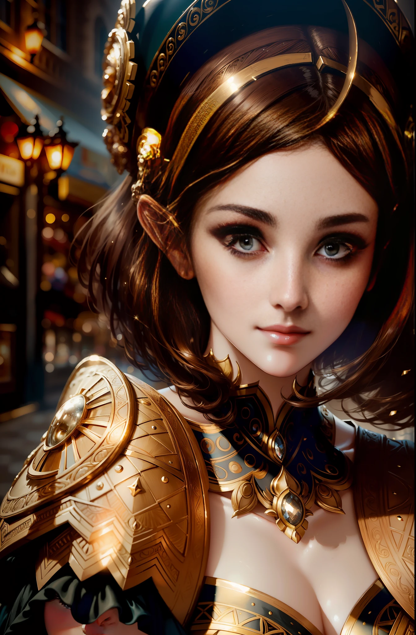 best quality, masterpiece, ultra resolution, (unreal engine: 1.4, realistic: 1.4), original photo, masterpiece, best quality, super detail, Illustrations, (bust shot, street, moon light), masterpiece, 1girl, solo exhibition, beautiful woman on bustling street, surrounded by vendors, beautiful goddess girl portrait, beautiful and detailed face, porcelain skin, ((bust lens, center, night, brunette hair, short hair)), super soft lighting, symmetry, complexity, elegance, high detail, realism , art, concept art, smile, fantasy costume, super fine costume,