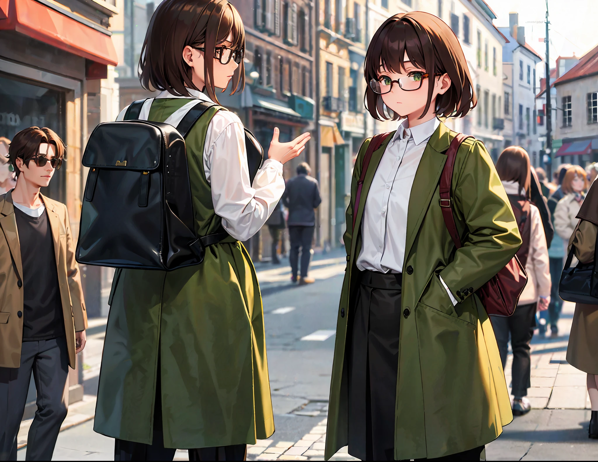 Chestnut-brown hair, wearing a green coat, khaki slacks, white shirt, black straps, a woman strolling in the middle of the street of a medieval town, with her back, a woman wearing black glasses, shoulder-length hair, short hair, and a black backpack, looking around the streets with crowds of people in different costumes