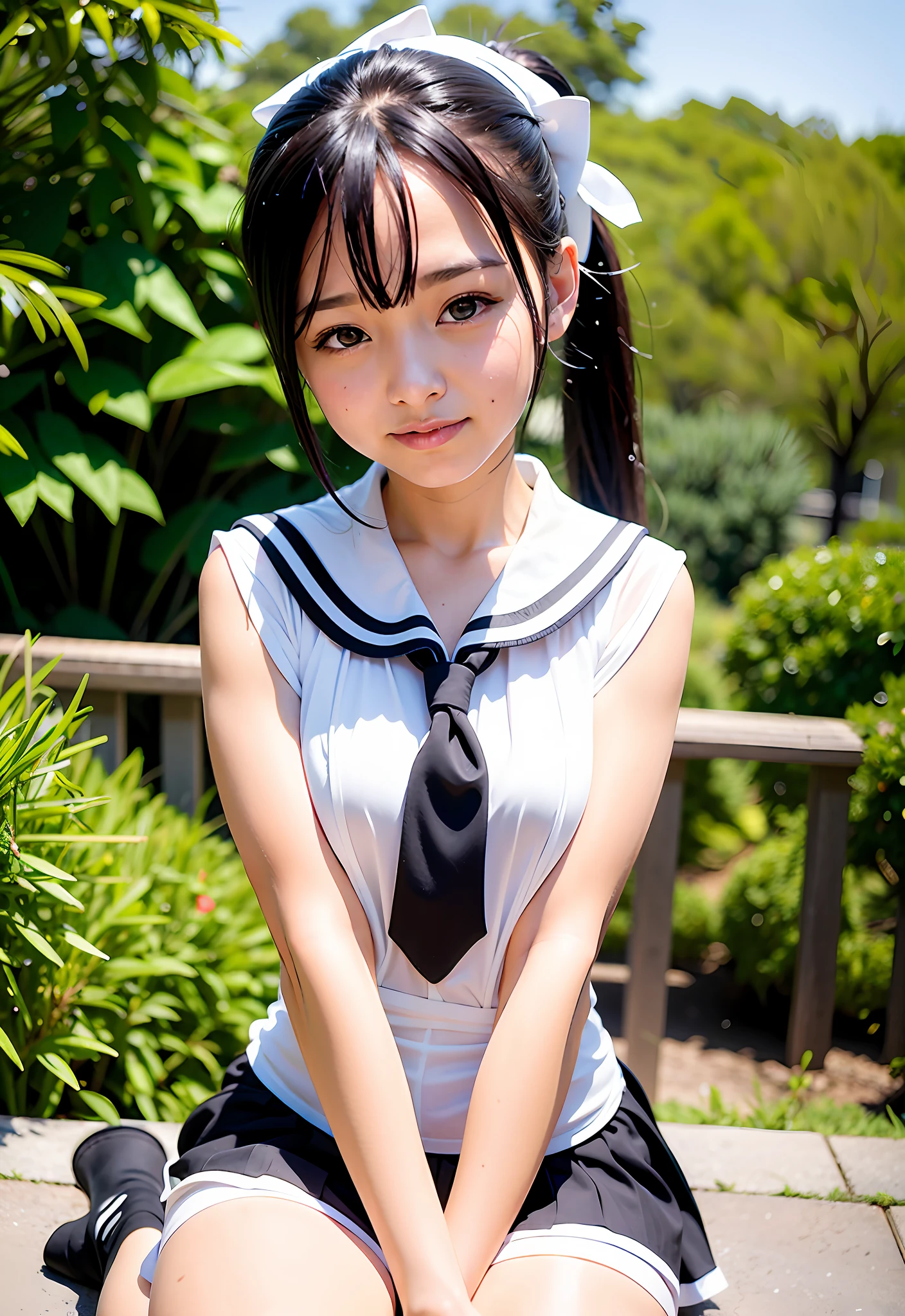Top Quality, Ultra High Resolution, Cosplay Photo (Photorealistic: 1.4)
(1 girl in Japan), girl, idol,
((ponytail)), gray hair ribbon, hair bang, floating hair
big eyes, light smile,
Sailor uniform school uniform (((Sailor color))) Black tie, white blouse, rain, soaking wet, sheer, short sleeves, black skirt, pleated skirt, floating skirt, black thigh high high socks, kneeling, white underwear, dripping water droplets,
garden background, sunlight, wind,