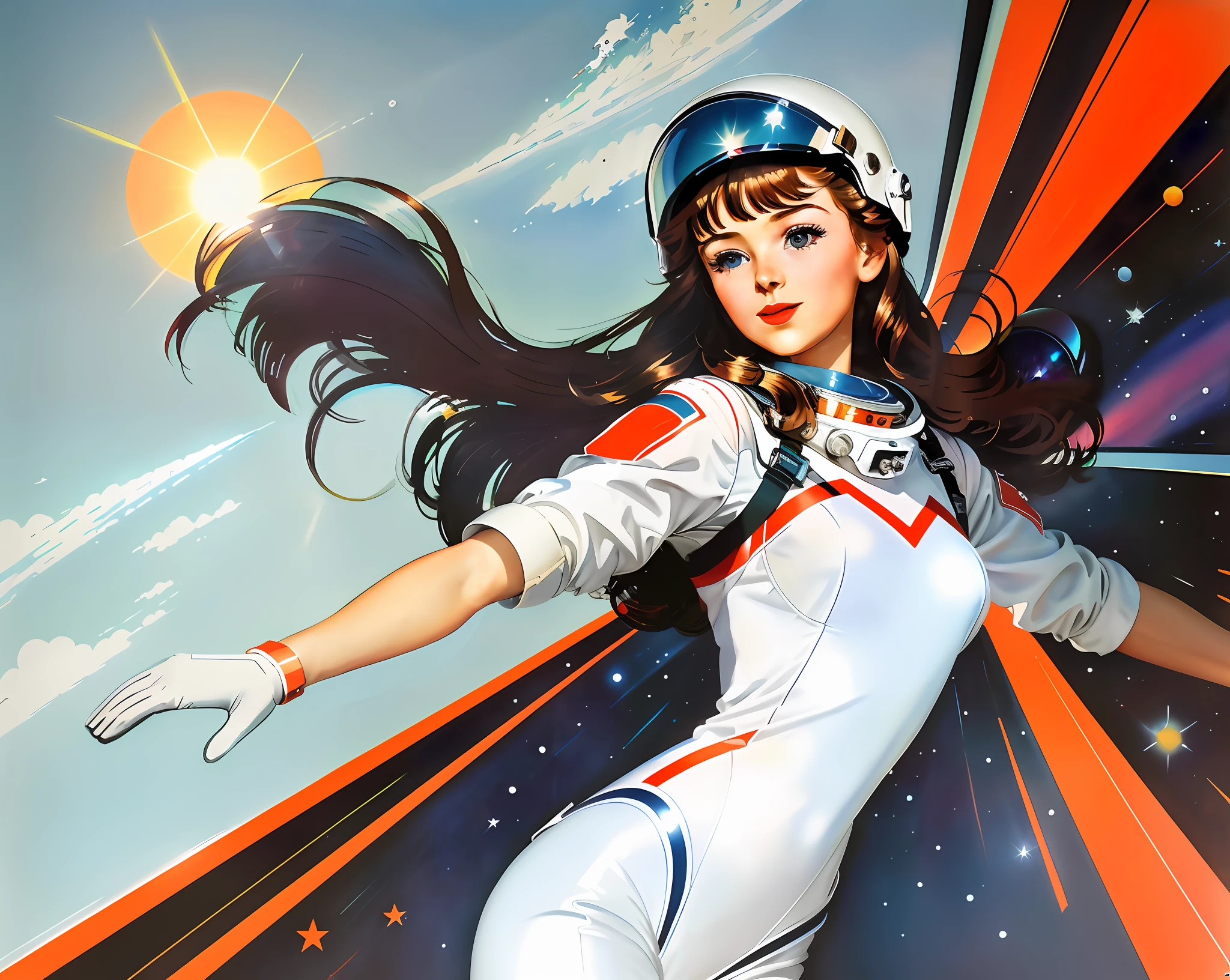 there is a woman in a space suit with a helmet on, portrait anime space cadet girl, artgerm jsc, girl in space, 1 9 6 0 s space girl, woman astronaut, portrait armored astronaut girl, artgerm and atey ghailan, ilya kuvshinov and artgerm, beautiful woman in spacesuit, jen bartel