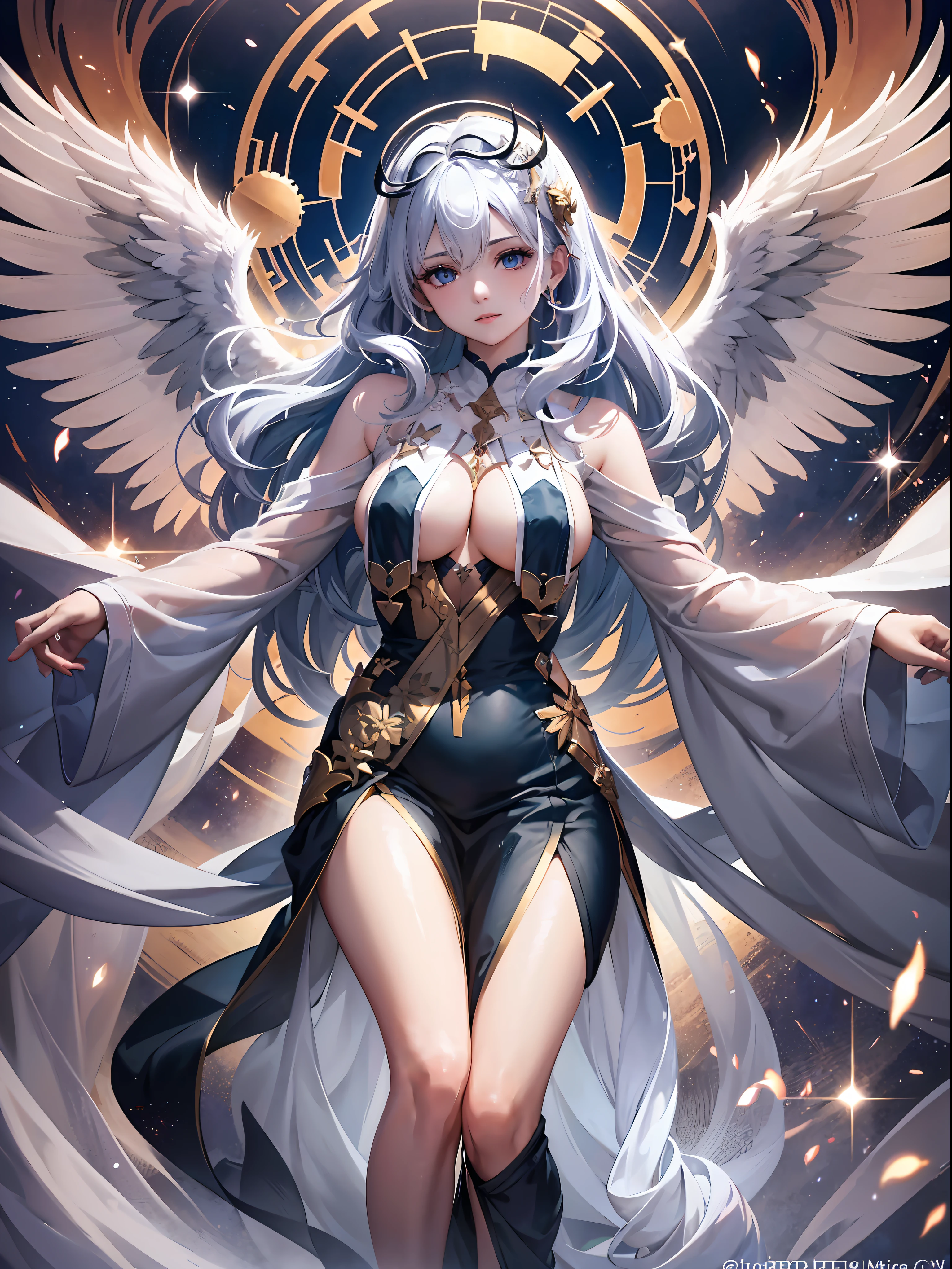 masterpiece, best quality, (extremely detailed CG unity 8k wallpaper), (best quality), (best illustration), (best shadow),full body, sexy pose, tall body, medium breast, detailed face and eyes, detailed skin, octane render, ((cute face)),The image depicts a majestic angel floating serenely in the sky, her wings unfurled and beating slowly as she gazes down upon the world below. Her features are stunningly beautiful, with high cheekbones, full lips, and piercing blue eyes that sparkle with an inner light. Her hair is a shimmering cascade of golden locks that falls in loose waves down her back, framing her face in a halo of radiant light.
As she hovers in the air, a halo of pure, white light glows above her head, casting a warm, comforting glow across the entire scene. Auras of shimmering energy dance around her, casting a rainbow of colors across the sky and bathing the world below in a soft, otherworldly light.
Her flowing robes are a pure, pristine white, billowing in the wind as she drifts effortlessly through the heavens. Despite her beauty and grace, there is a strength and power to her that is undeniable, a force that radiates from her very being and fills the air with a palpable sense of awe and wonder.
As she gazes down upon the world below, she seems to embody all that is good and pure, a symbol of hope and redemption in a world often plagued by darkness and despair. Her presence alone is enough to fill the hearts of all who see her with a sense of peace and joy, and her image will forever remain etched in the minds of those who witness her beauty and grace.