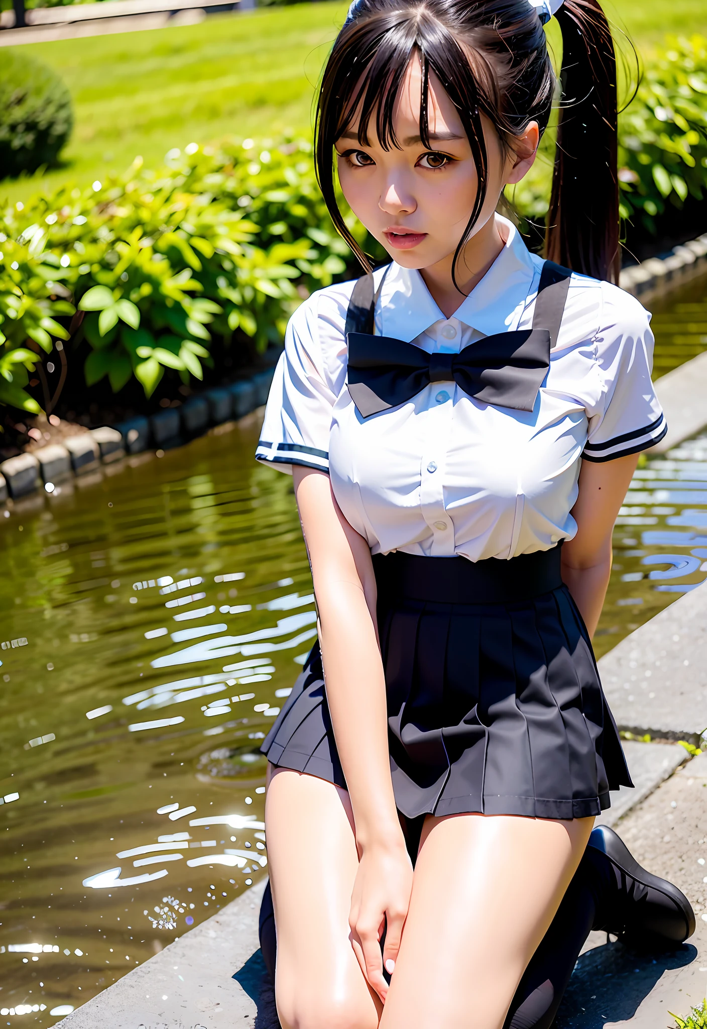 Top Quality, Ultra High Resolution, Cosplay Photo (Photorealistic: 1.4)
(1 girl in Japan), schoolgirl, idol,
((ponytail)), gray hair ribbon, hair bang, floating hair 
big eyes, light smile, 
Sailor uniform school uniform (((Sailor color))) Black tie, white blouse, rain, soaking wet, sheer, short sleeves, black skirt, pleated skirt, floating skirt, black thigh high high socks, kneeling, white underwear, dripping water droplets,
garden background, sunlight, wind,
