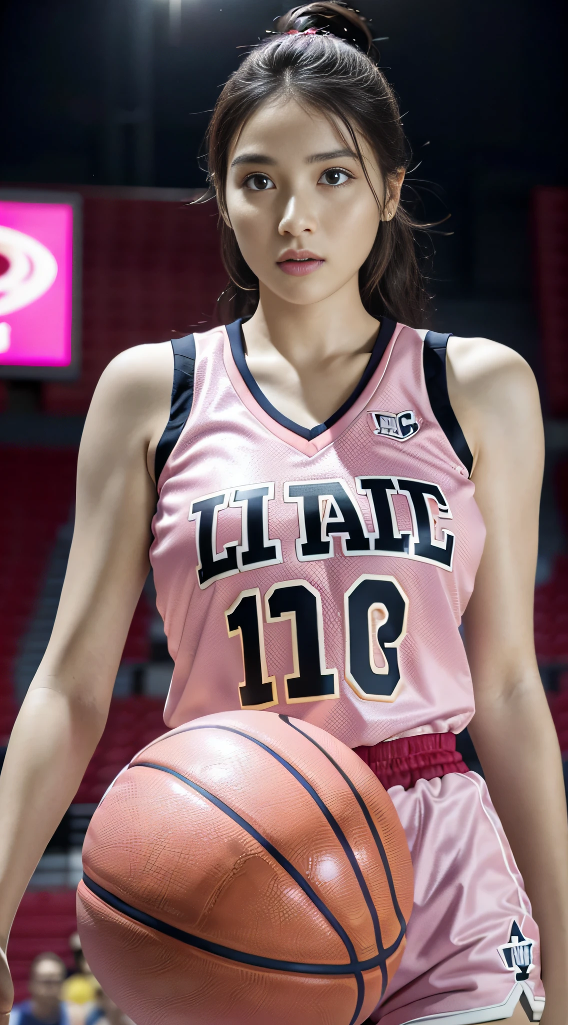 best qua4lity, (RAW Photo: 1.2), (Masterpiece: 1.4), (Realistic: 1.4), (High resolution: 1.4), 1girle, Depth-Of-Field, Pink basketball vest, Pink basketball shorts, Basketball court, Sexy,, intricate detailed, Very Detailed, Perfect lighting, Epic background, 8k, 16k