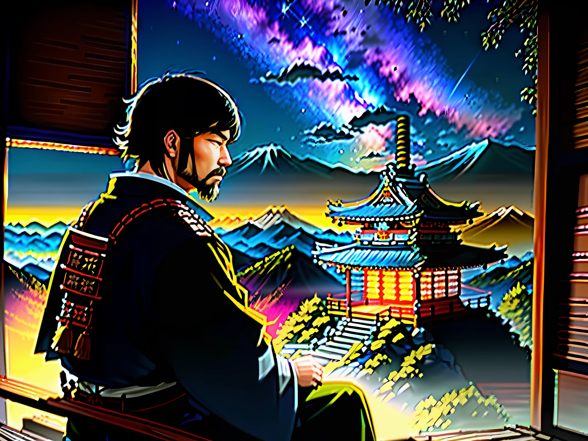 "Drawing by KUVSHINOV IlYA of a male samurai from feudal japan, sitting on top of a large mountain, watching a japanese temple. close camera shot. samurai looking at the temple":3 + "feudal japan, night, stars in the sky":1 + "anime art style, manga art style, beautiful composition." :2+ "high resolution, high quality, 4K":2.5