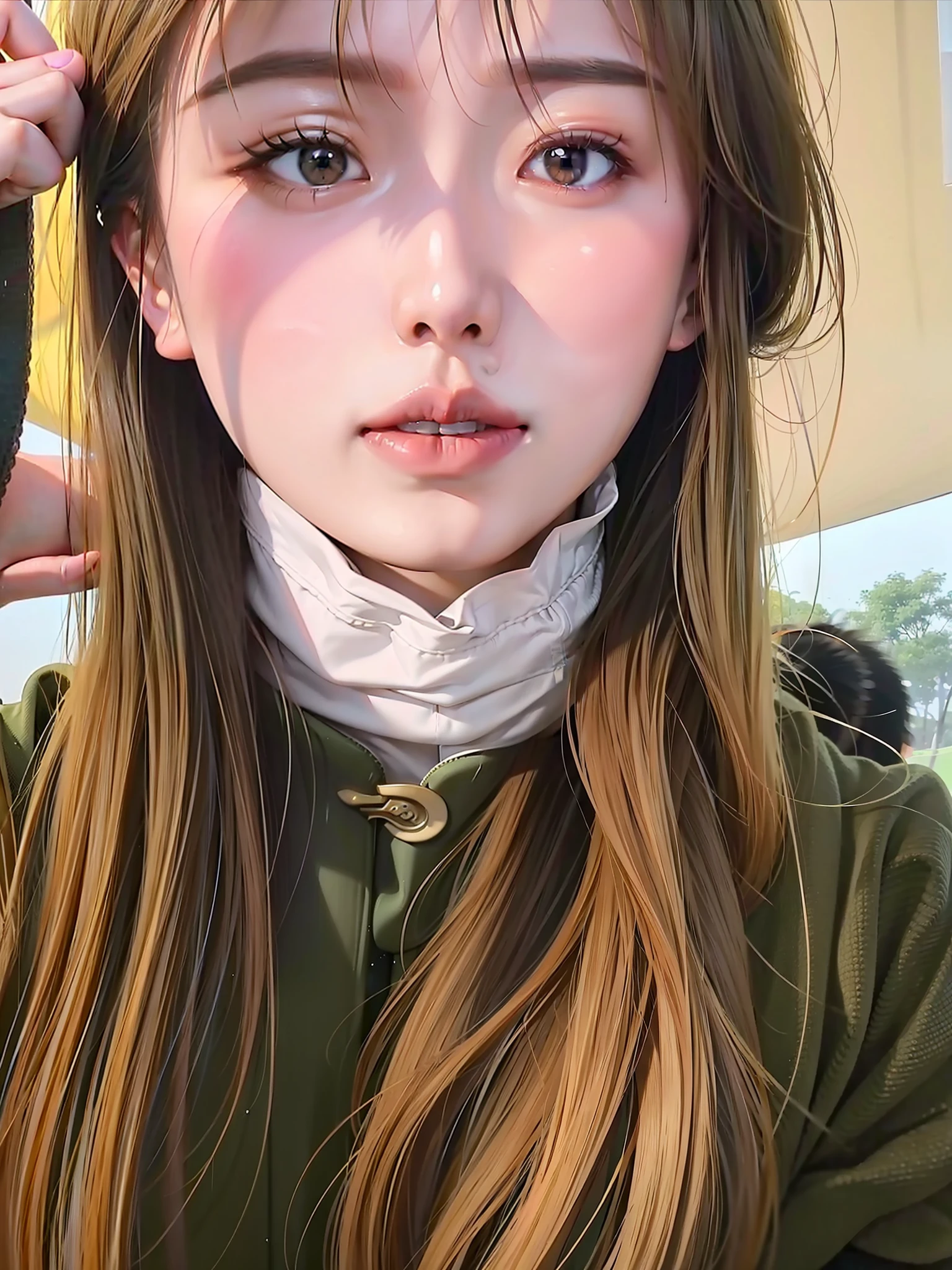 Beautiful Chinese girl, wearing clear glass mask, wearing wheat yellow gauze, surgical mask covering mouth, delicate face, 18 years old, Chinese girl, delicate face shape, high picture quality