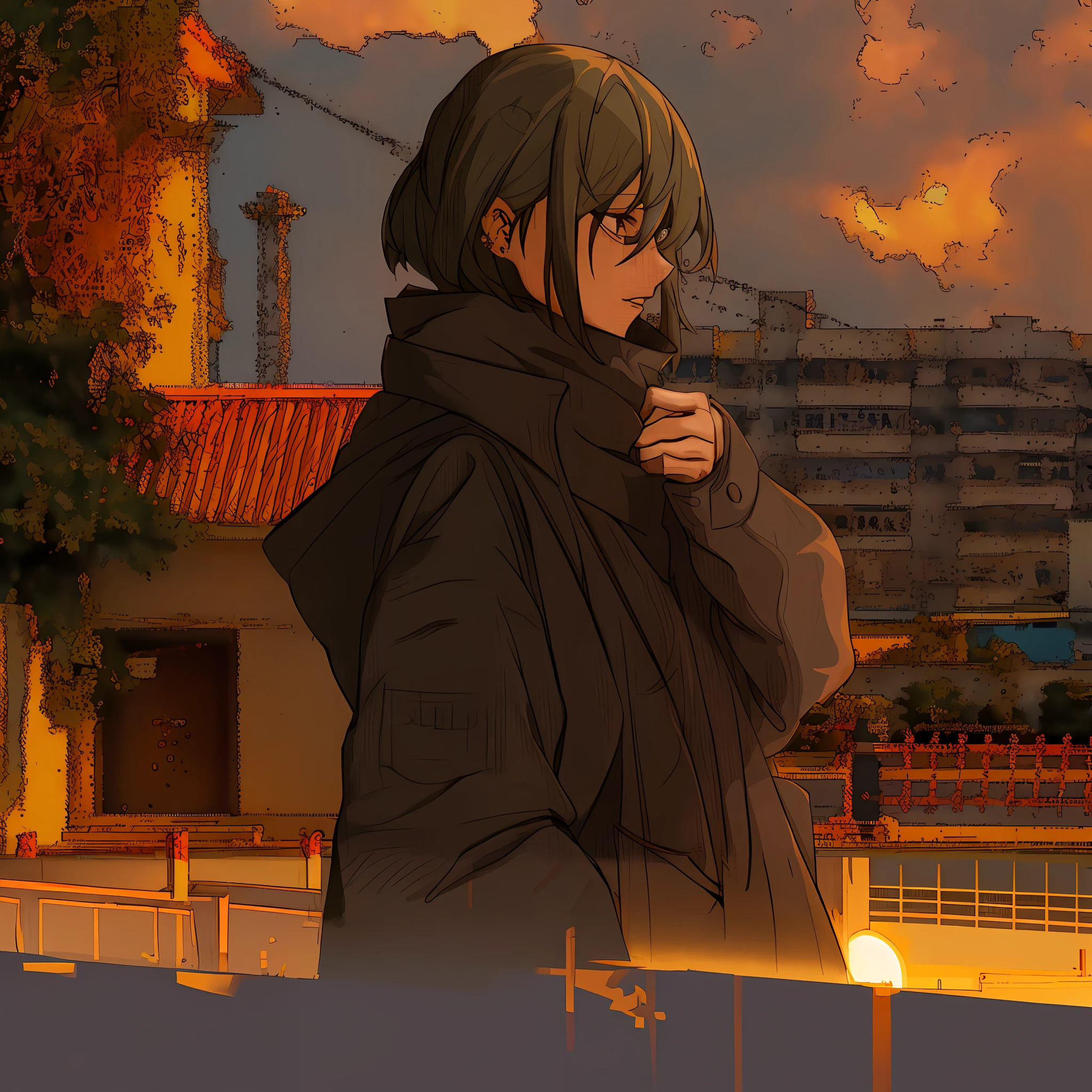 anime - style image of a man in a black coat standing in front of a building, makoto shinkai style, watching the sun set. anime, anime style. 8k, anime style 4 k, makoto shinkai. digital render, shigenori soejima illustration, style of makoto shinkai, inspired by Liam Wong, lofi artstyle