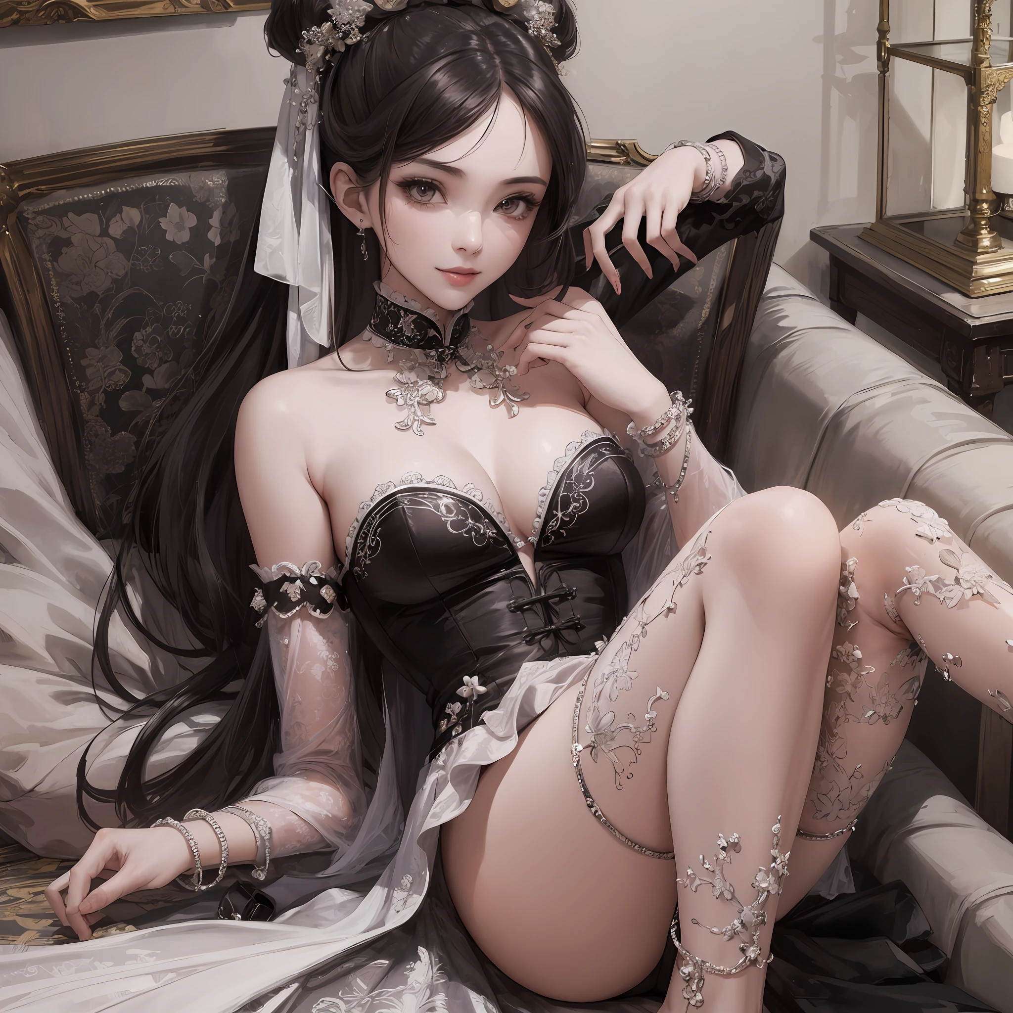 (masterpiece, best quality: 1.2), traditional Chinese ink painting, A cute 18 year old prostitute with medium breasts, sexy white lace , Oversized dress :1.5, Couch, Ultra-detailed face, Detailed eyes, Double eyelid, sfw , evil smile:1.4 ,emphasizing slender abs :1.3, dark skin:2 --auto --s2