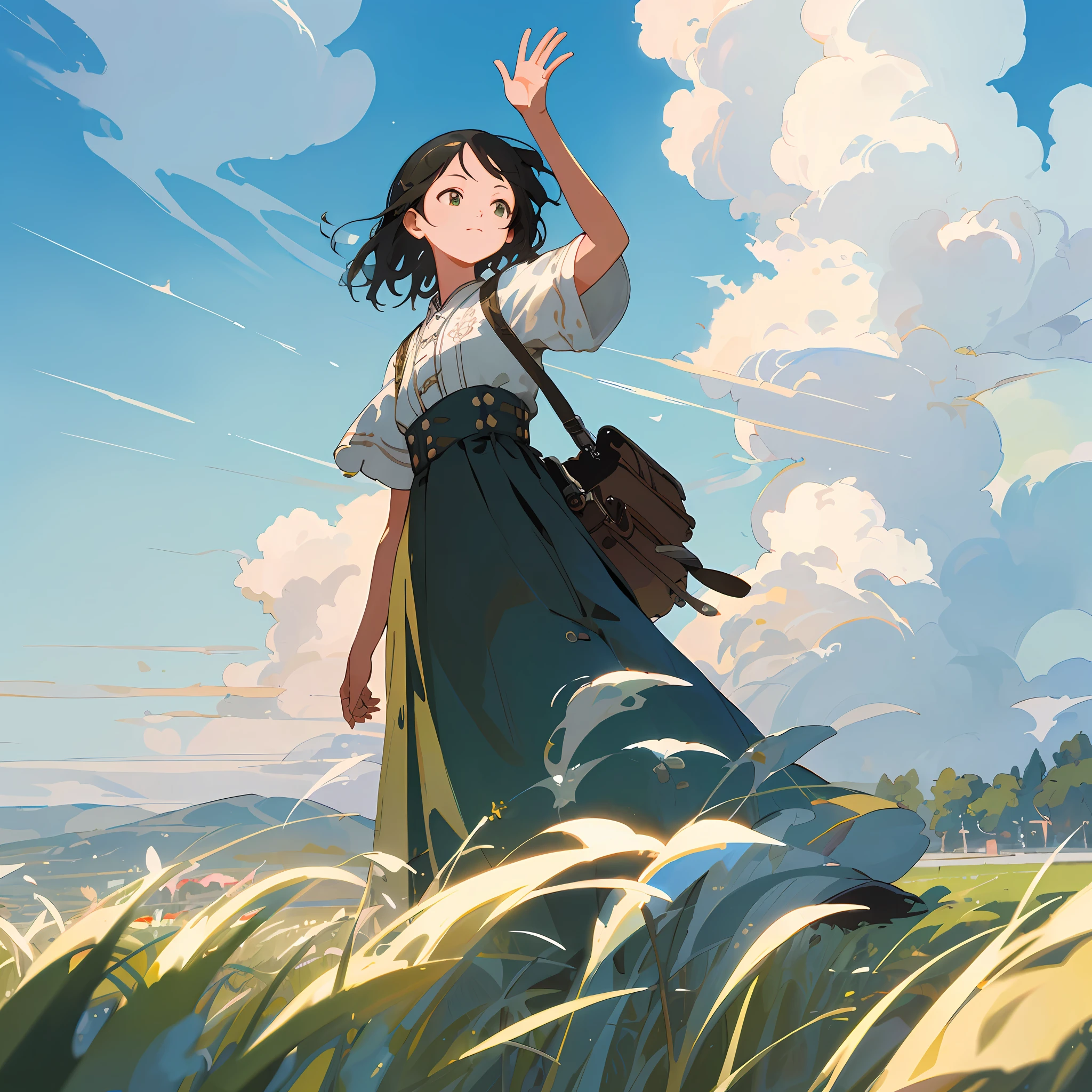 ((masterpiece, best quality, highest quality, illustration, intricate details)), blue sky, white clouds, grass, 1 girl waving in the distance, back to the camera, fresh style, fresh tone, rich color, high saturation, depth of field, outdoors, Miyazaki style