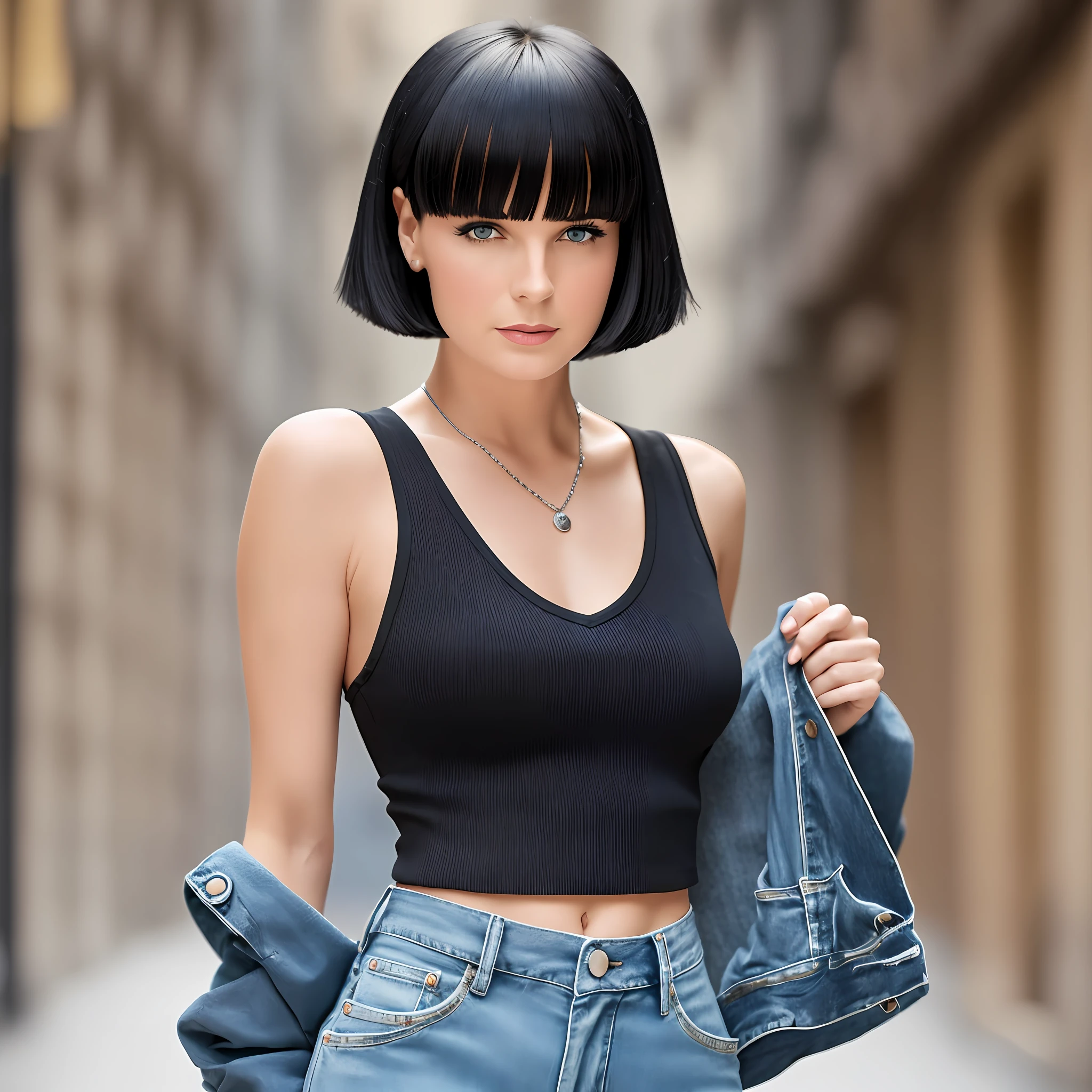 create a new image. actress Louise Brooks dressed with denim trousers and a black top, with a very short trendy cheeky and messy hair-cut. she is serious, confident, calm and very attractive. Full body image. Natural pose. She is walking in milan. Very realistic, complex, detailed skin texture complete with slightly imperfection and natural hair texture. the image is beautiful, award-winning, full of crispy details, in 8k, made with high-end mirrorless with professional lens.--no plastic effect --auto --s2