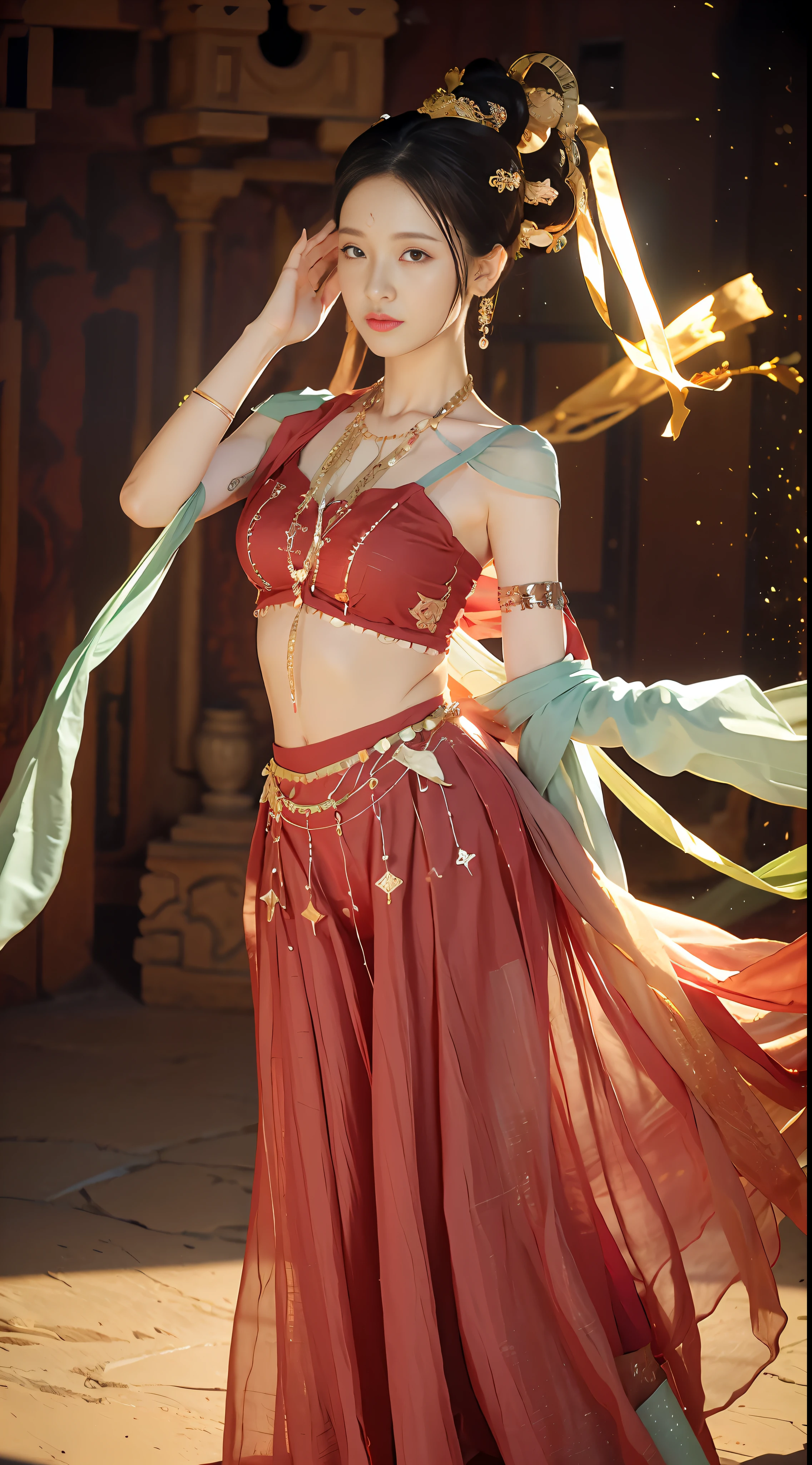 (8k, RAW photo, best quality, masterpiece:1.2), (realistic, photo-realistic:1.4), (extremely detailed CG unity 8k wallpaper), (1 girl:1.5), Western beauty, (Red clothes: 1.4), red spots on forehead, pale skin, blush, big eyes, full body, thighs, open navel, gold waist chain, gold jewelry, flying ribbons, particles, background is Loulan ancient city, ancient city wall, desert, dance, dunhuang_dress, dunhuang_style,